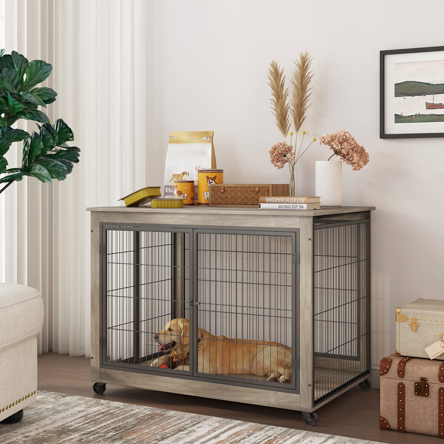 IchbinGo Dog Crate Furniture, Wooden Dog Crate Table, 43.7 Dog Kennel with 3 Doors, Flip-up Top Opening and Wheels, Decorative P