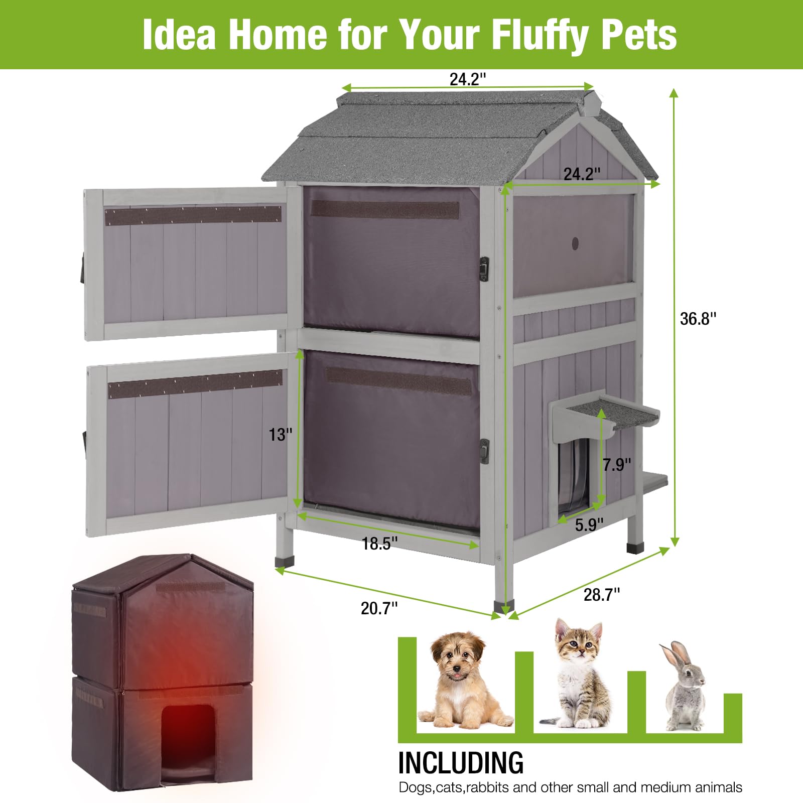 Insulated Cat House For Outdoor Cats Waterproof Feral Kitty Shelter For Winter,Insulation Liner Include