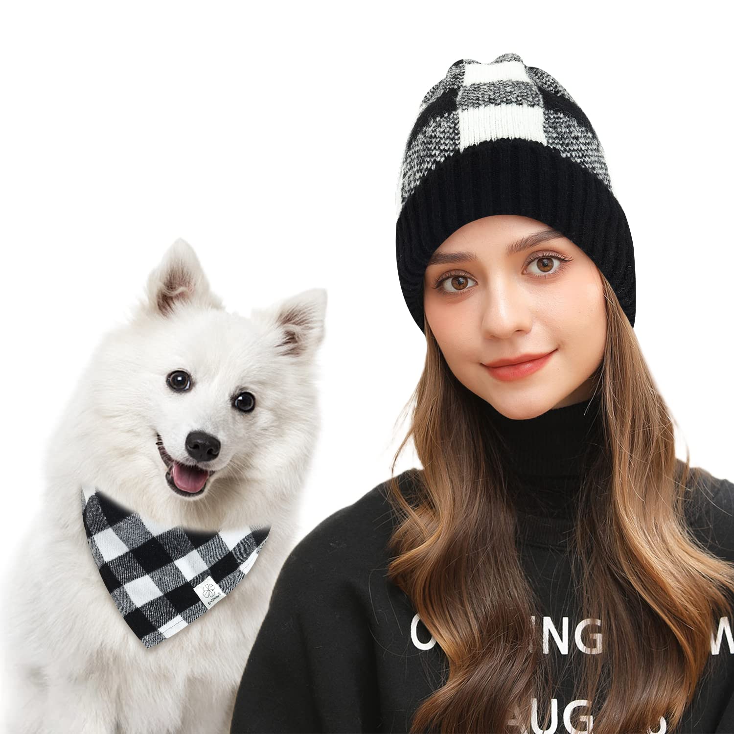 E-Clover Dog Bandanas Matching Owner Beanie Plaid Dog Bandana Bibs With Knit Hat For Medium Large Dogs Mom Dad Gifts White Black