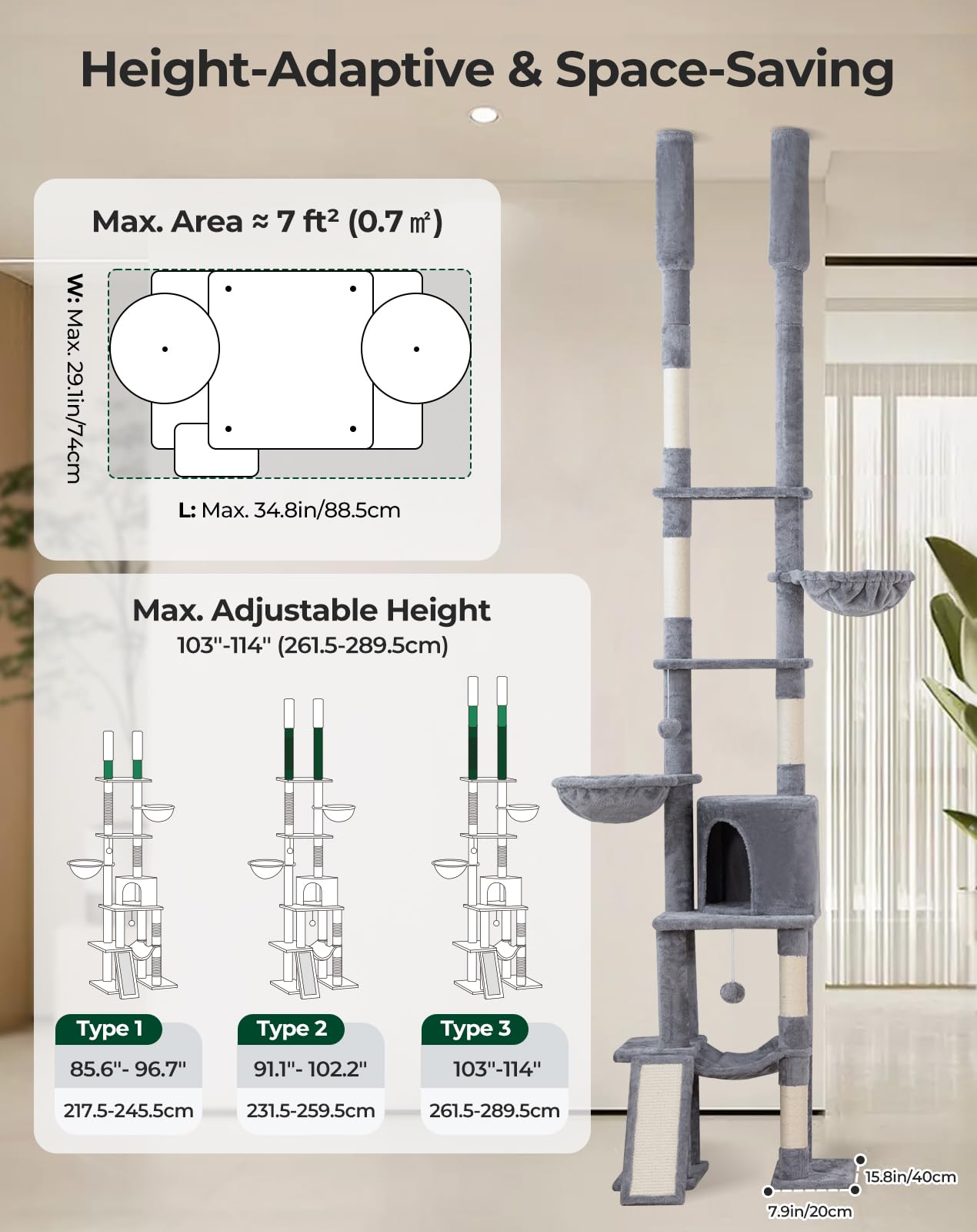 Floor To Ceiling Cat Tree Tower, Adjustable Height(85.6-114) 7-Level Tall Cat Tower With Scratching Post, Condo & Hammock Fo