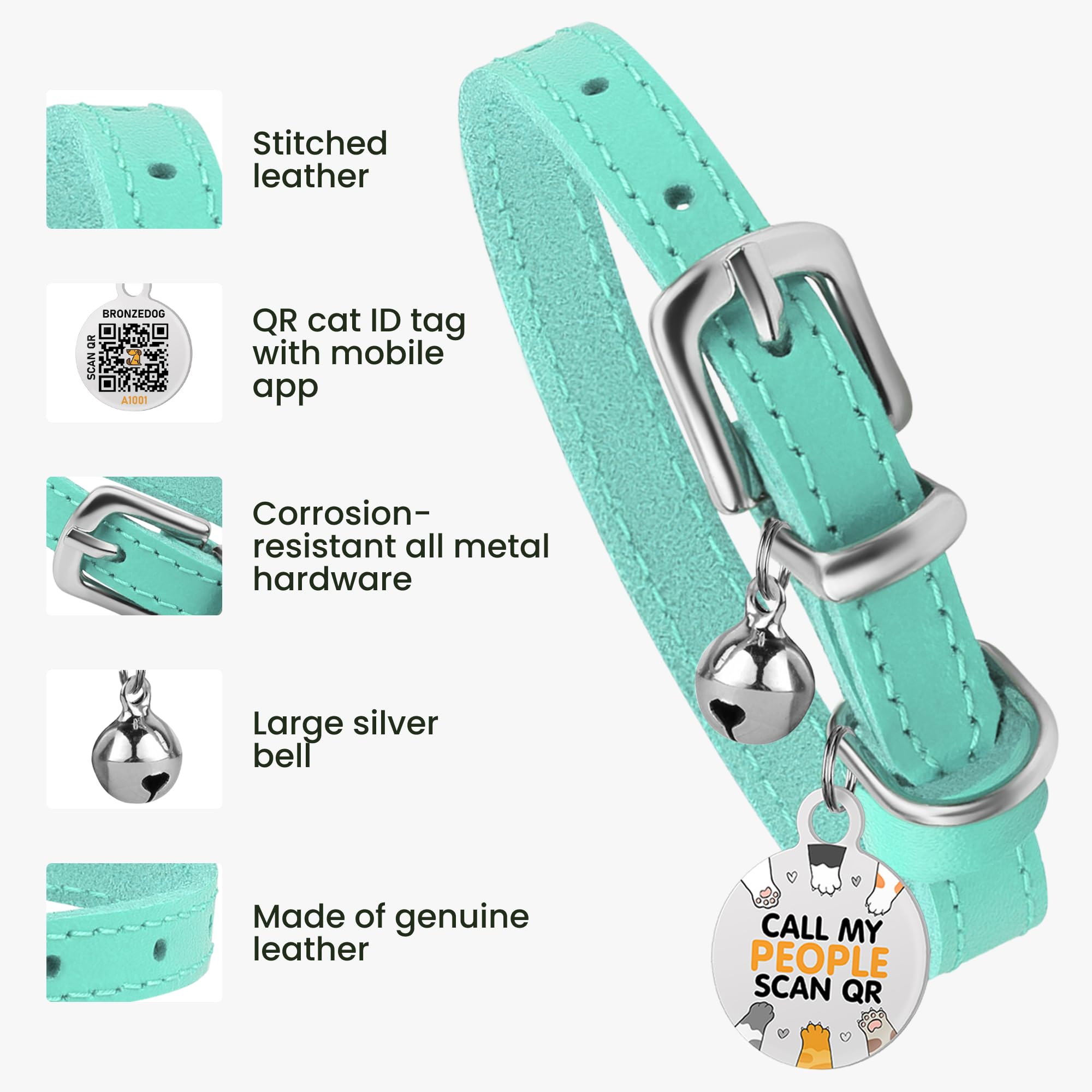 Bronzedog Leather Cat Collar With Removable Bells Non Breakaway Kitten Qr Tag For Girl Boy (7'' - 9'' For Cats, Turquoise & Silv