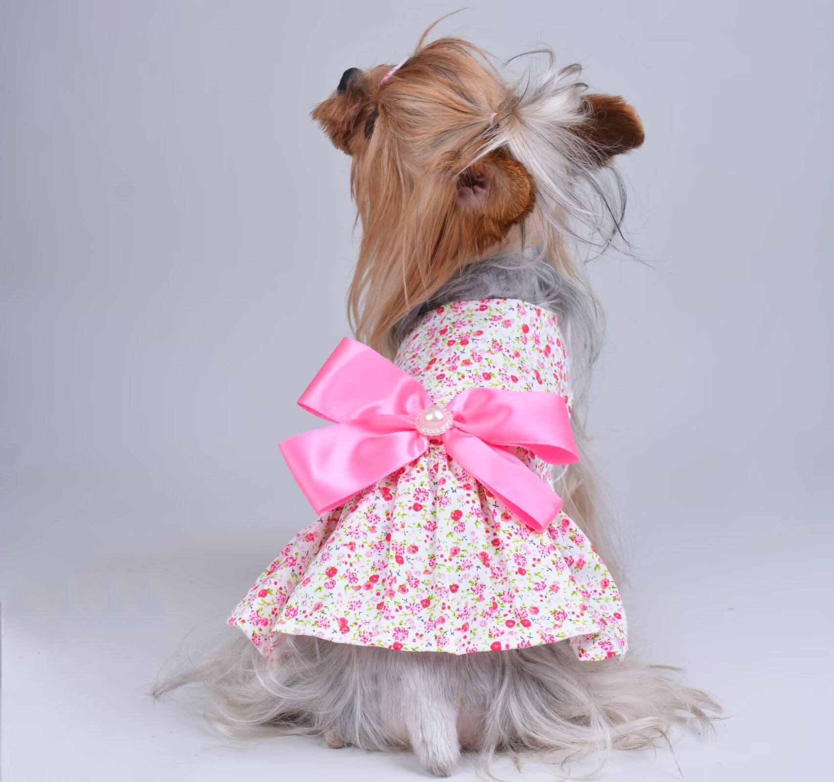 Msnfoasm Floral Print Dog Dress With Satin Bow And Pearl For Small Dogs Girl, Cat Apparel,Pink, X-Small