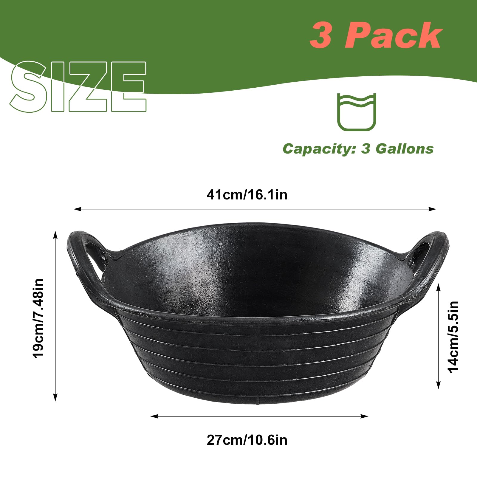 Maxdot 3 Pieces Rubber Feed Pan with Handle 3 Gallon Durable Versatile Horse Feeder Bucket for Livestock Animal Pets Feeding Wat