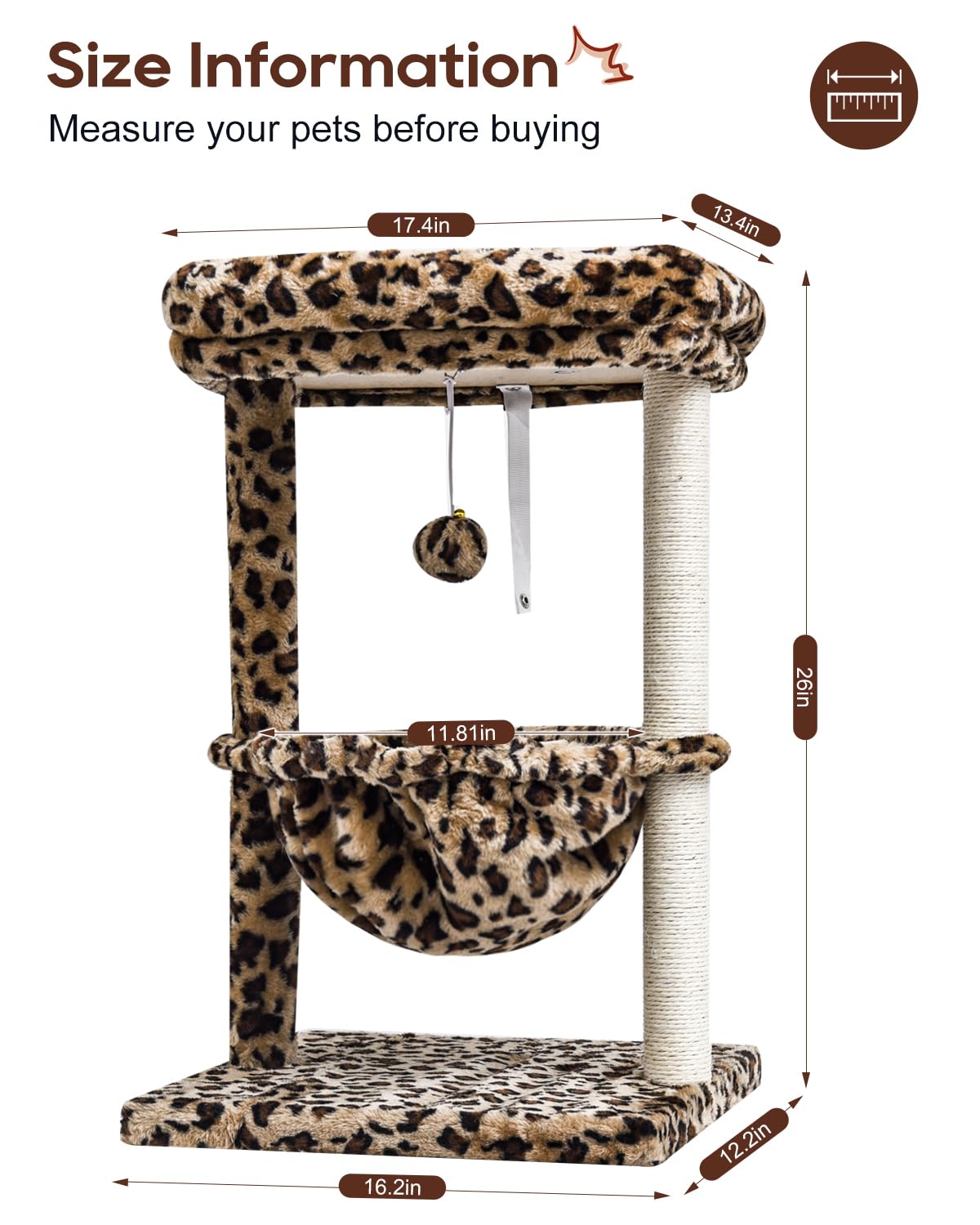 SYANDLVY Small Cat Tree for Indoor Cats, Unique Leopard Print Cat Tree Tower for Kitties, Condo Furniture with Hammock & Sisal S