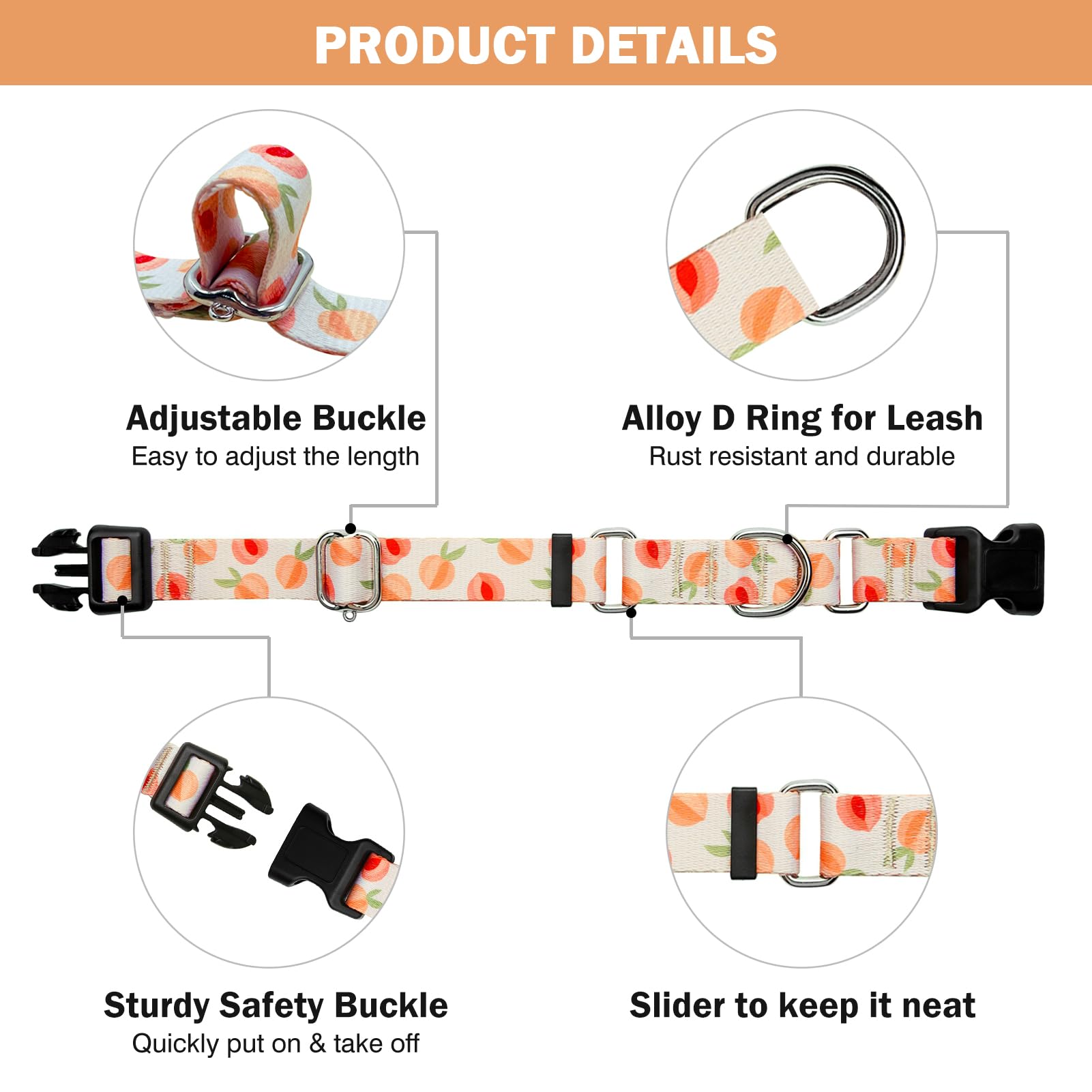 Hikiko Martingale Collar For Dogs Peach Dog Collar For Small Medium Large Dogs Cute Holiday Summer Dog Collars Pet Gift (Peach,L