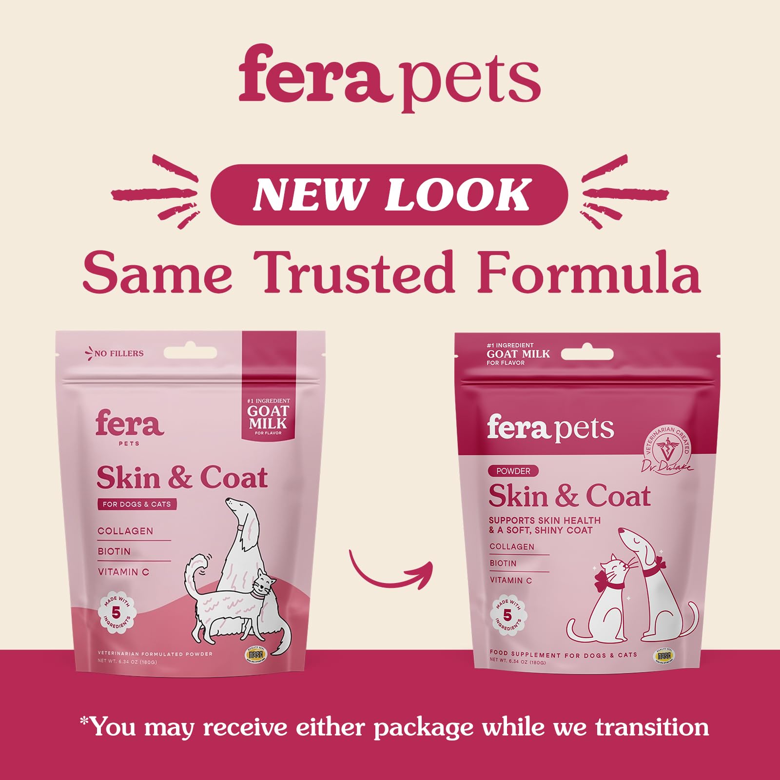 Fera Pet Organics Skin & Coat Goat Milk Cat & Dog - Vet Created - Pet Coat Thickness & Skin Hydration - Collagen, Biotin & Vitam