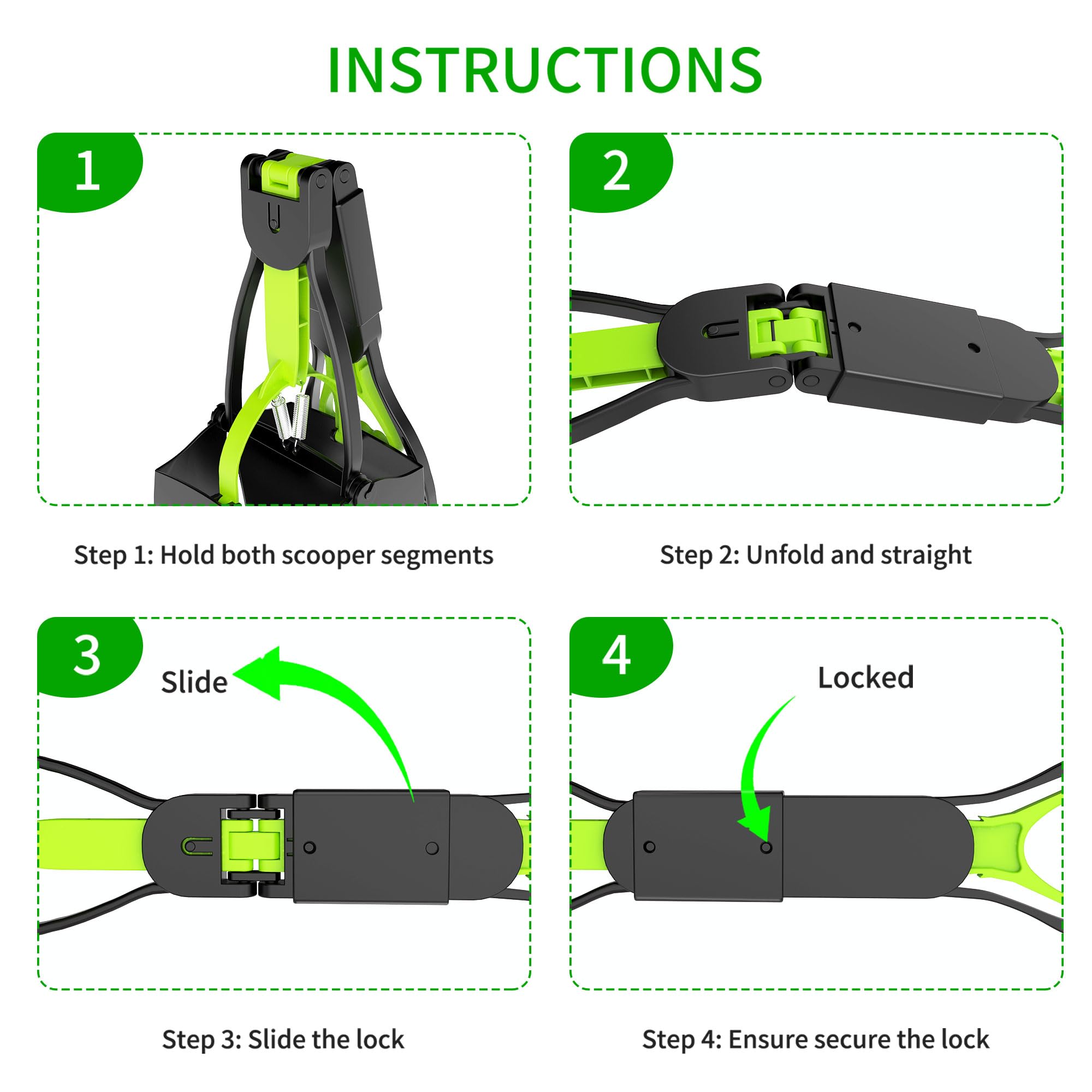 Kusmil Pooper Scooper, Foldable Dog Poop Waste Pick Up Shovel With Long Handle High Strength Material And Spring (Green