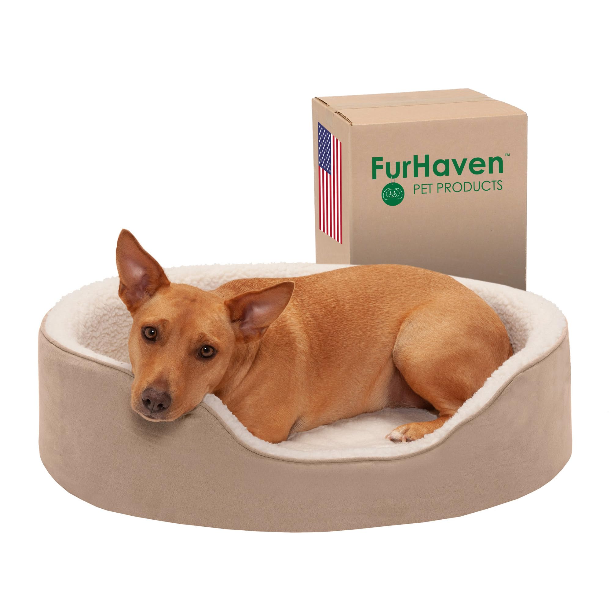 Furhaven Orthopedic Dog Bed for Large/Medium Dogs w/ Removable Washable Cover, For Dogs Up to 30 lbs - Sherpa & Suede Oval Loung