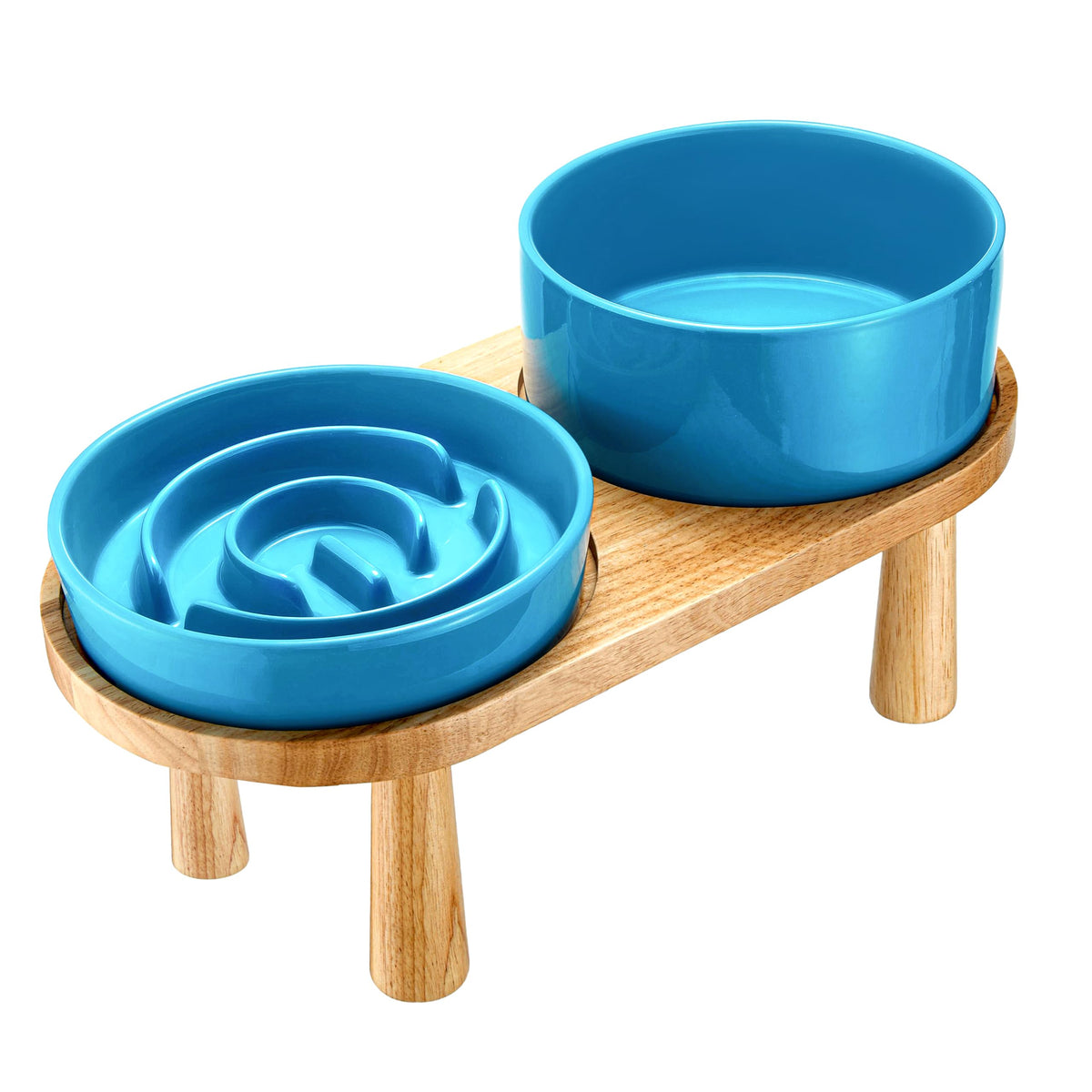 MOPANG Ceramic Slow Feeder and Water Bowl Set for Small Dogs, Ceramic Dog Bowls Elevated with Wooden Stand, 0.6 Cups Dog Slow Fe