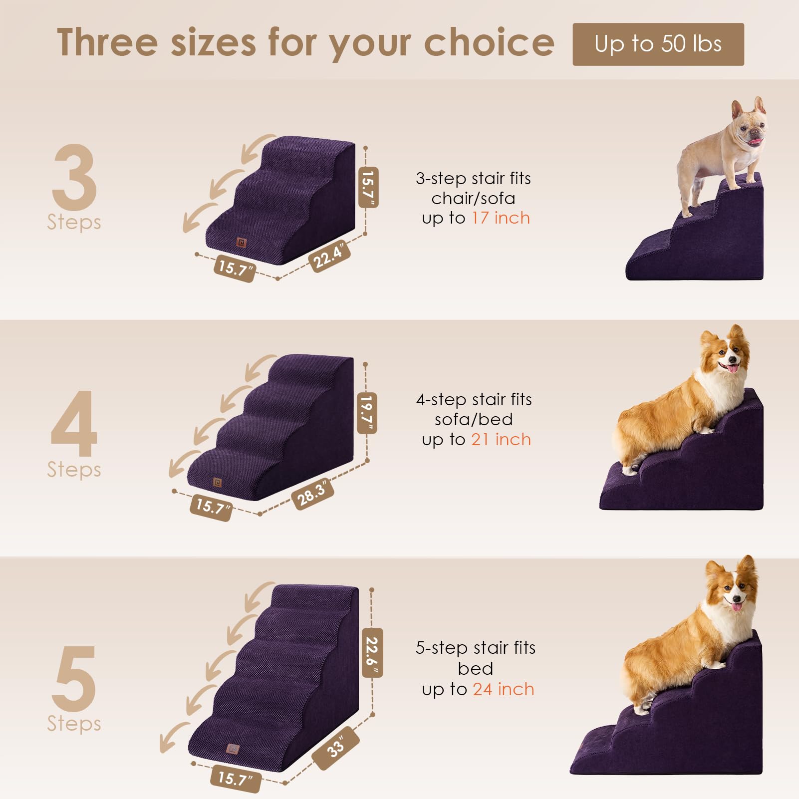 EHEYCIGA Curved Dog Stairs Ramp - 4-Step Pet Steps for High Beds, Non-Slip, Purple, 19.7" H, Model ECUS24PPT10FB