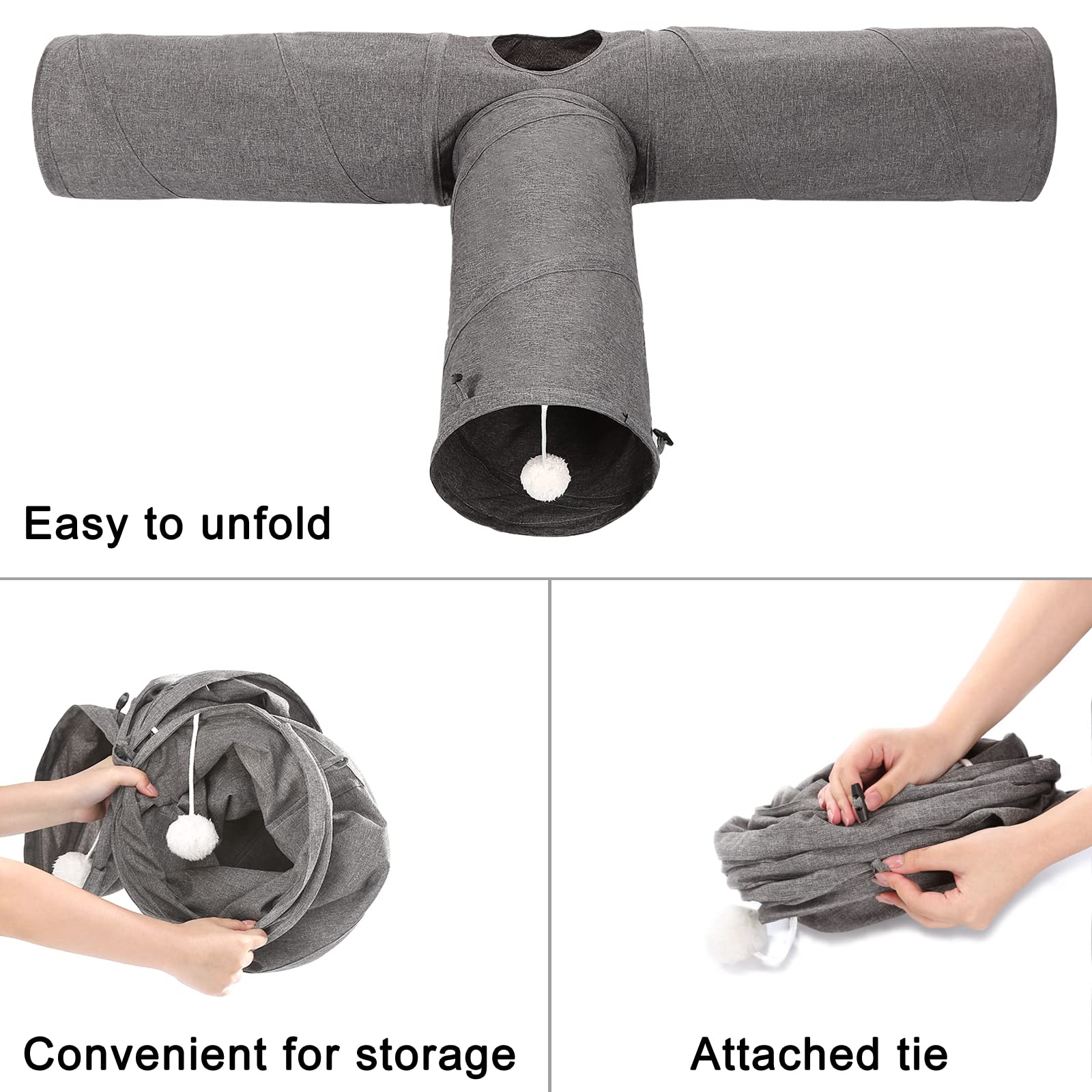 Ownpets Cat Tunnel, 3 Way Collapsible Kitty Tunnel 47 Inch Long Cat Tube With Plush Ball & Feather Toy, Large Cat Play Tunnel Fo