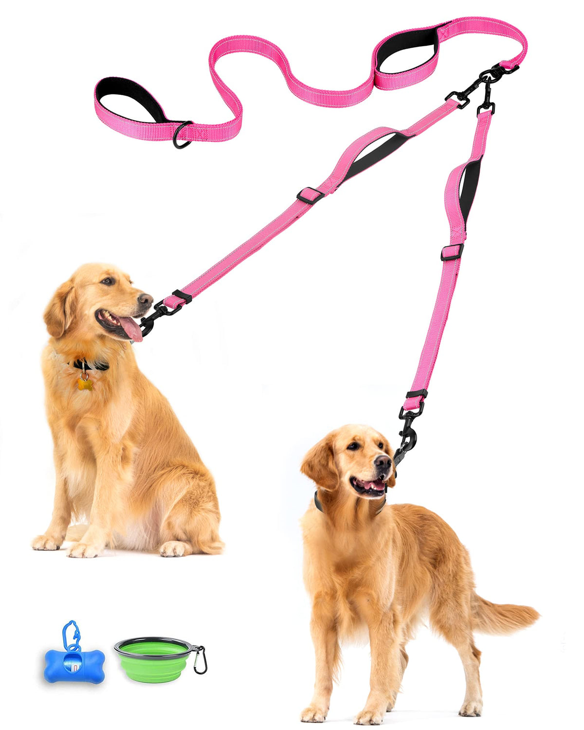 Petbonus Double Dog Leash, No Tangle Dual Dog Leash, Reflective Walking Training Leash, 4 Comfortable Padded Handles For 2 Dogs With Collapsible Bowl And Waste Bags Dispenser (Pink, Large)