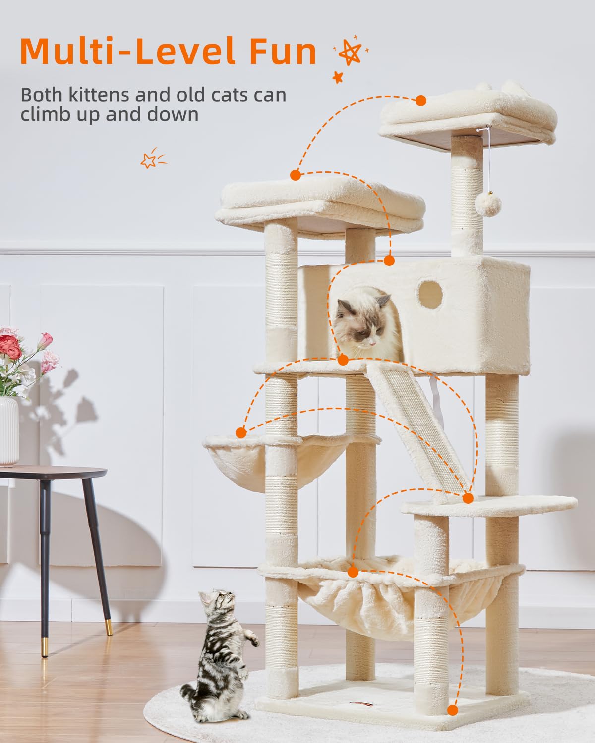 Taoqimiao Cat Tree 57.5-Inch, Cat Tower for Indoor Cats Large Adult, Extra Large Cat Condo, 8 Sisal Scratching Posts, Metal Fram