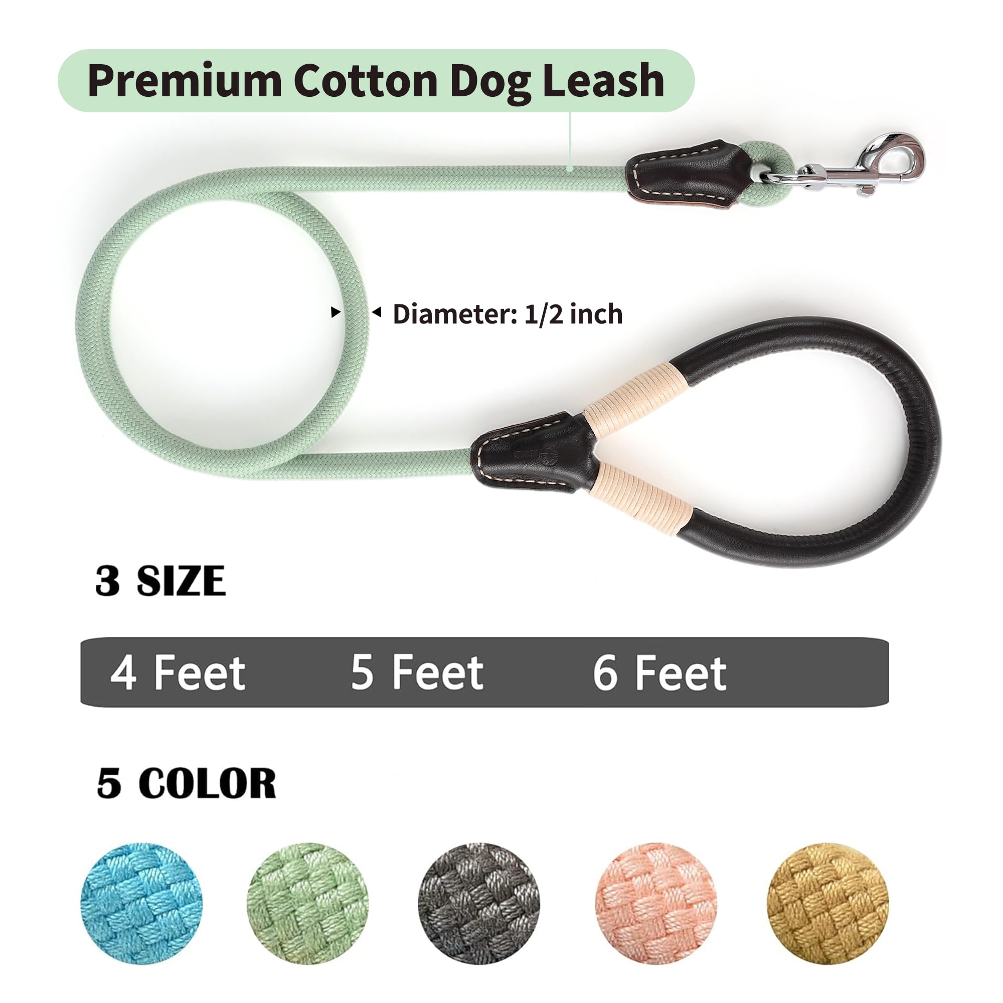 Mile High Life Genuine Leather Wrapped Handle Dog Leash, W Heavy Duty Clasp Rope Leash For Small Medium Large Dogs (Green, 5Ft)