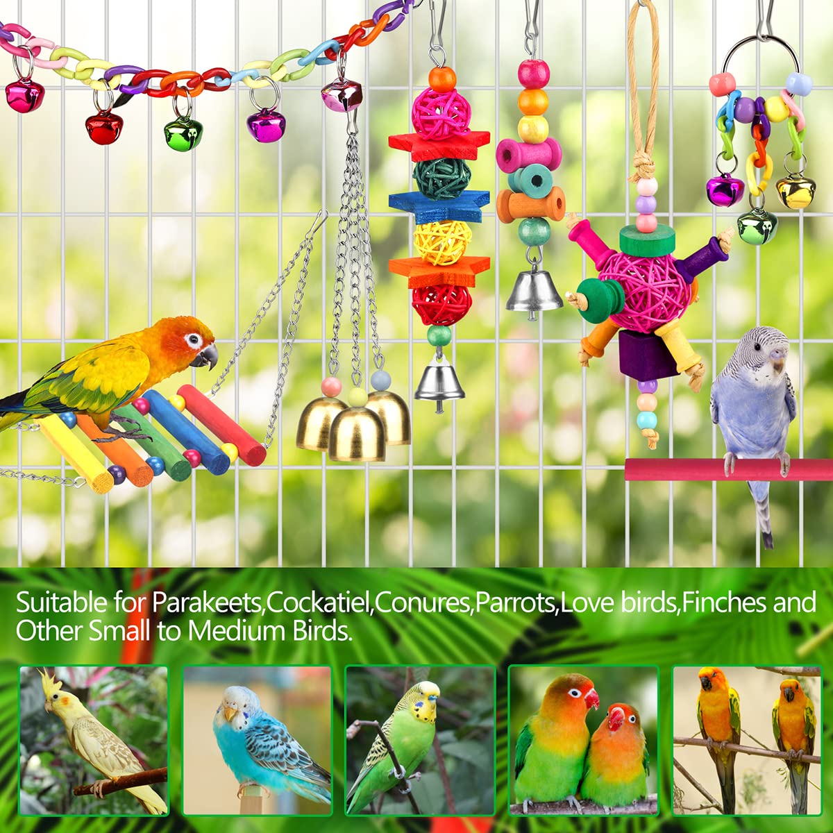 Bird Toys For Conures With Colorful Ladder Hammock Bird Cage Accerious Bird Perch Stand Chewing Toys Hanging Bell For Parrot Par