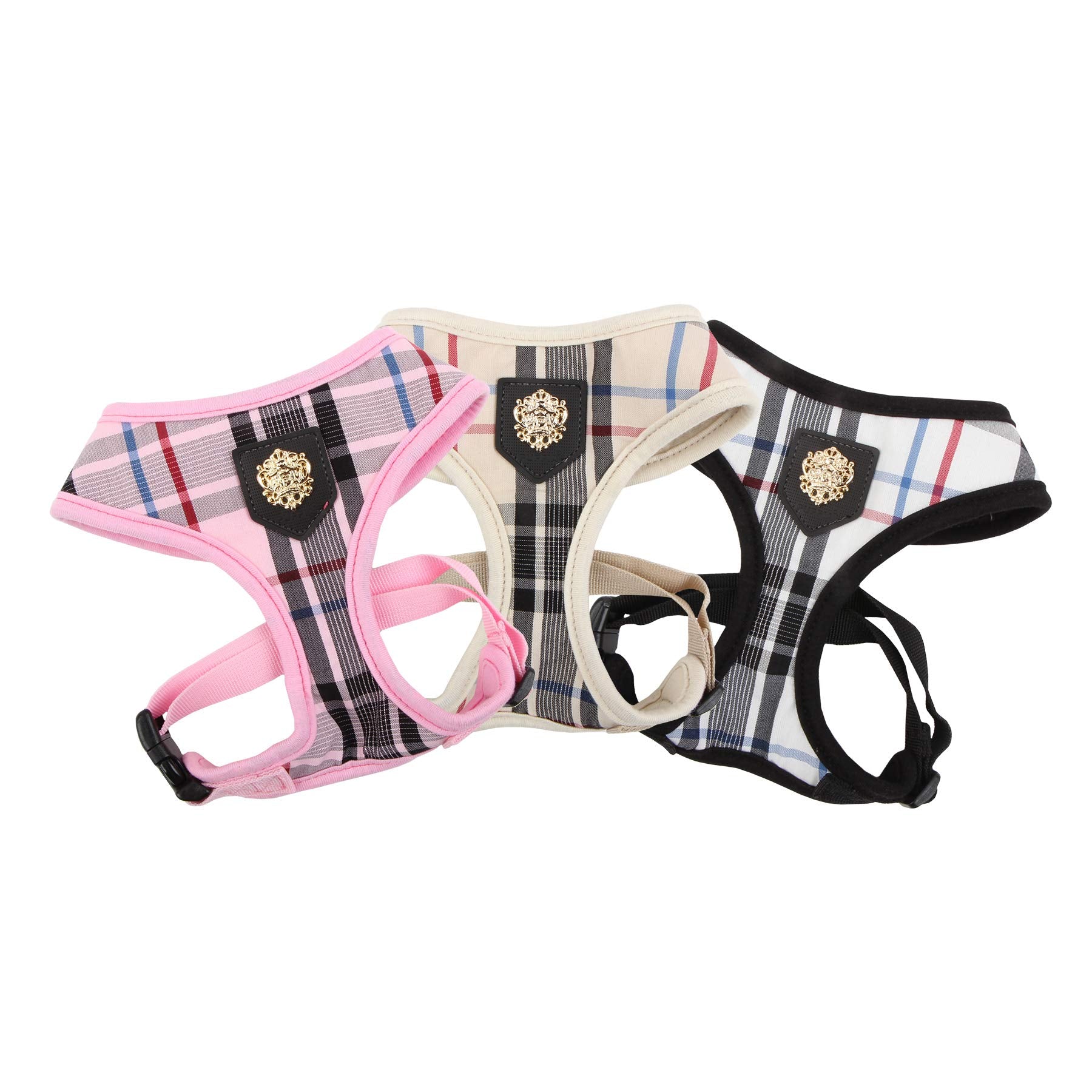 Puppia Junior Over-The-Head Dog Harness Checkered Pattern No Choke No Pull Adjustable Chest Belt Walking Training For Small And Medium Dog, Large, Pink