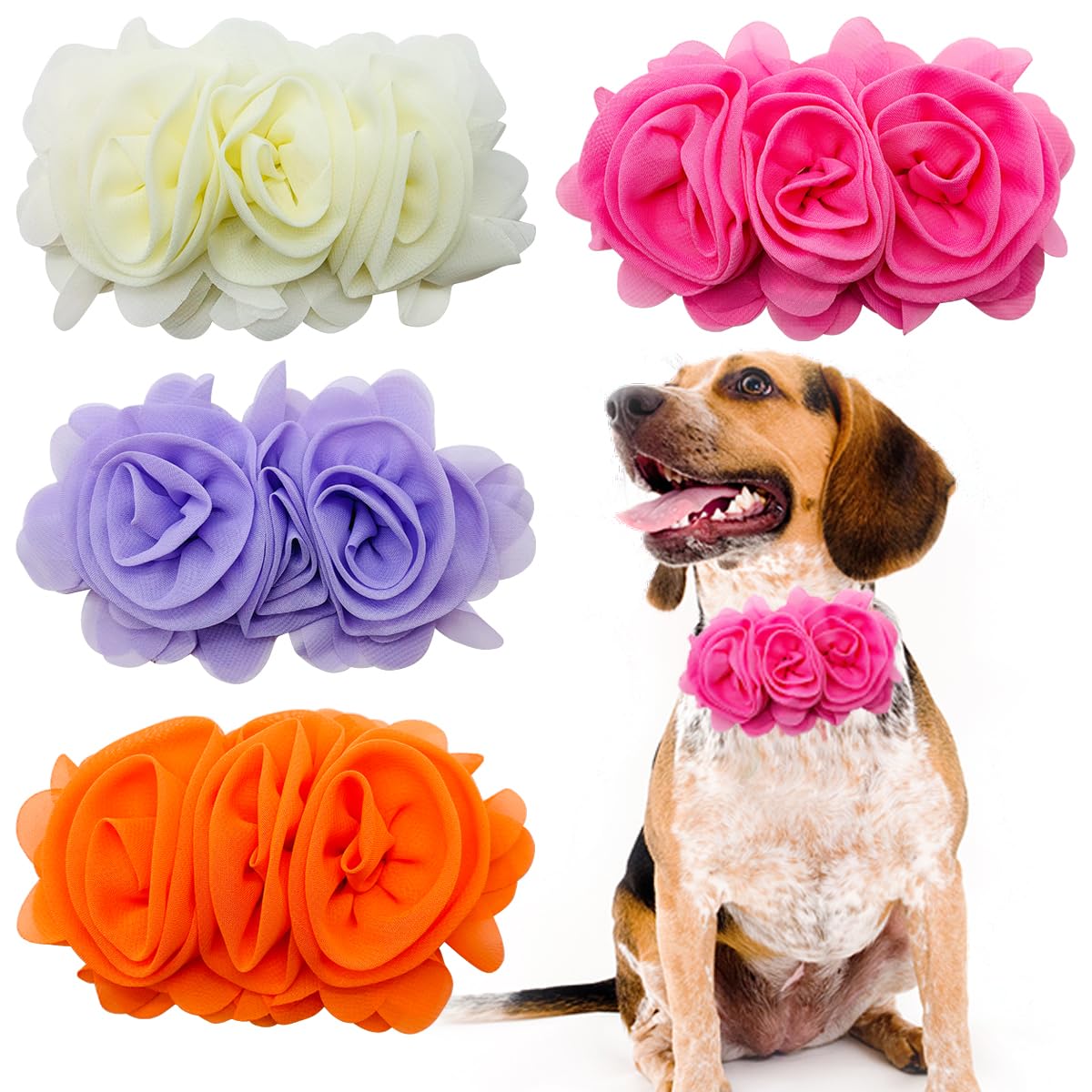 JpGdn 4PCS/Pack Dog Collar Flowers Accessory Large Bows Attachment 4.9Inch Organge Pink White Purple Color for Small Medium Larg
