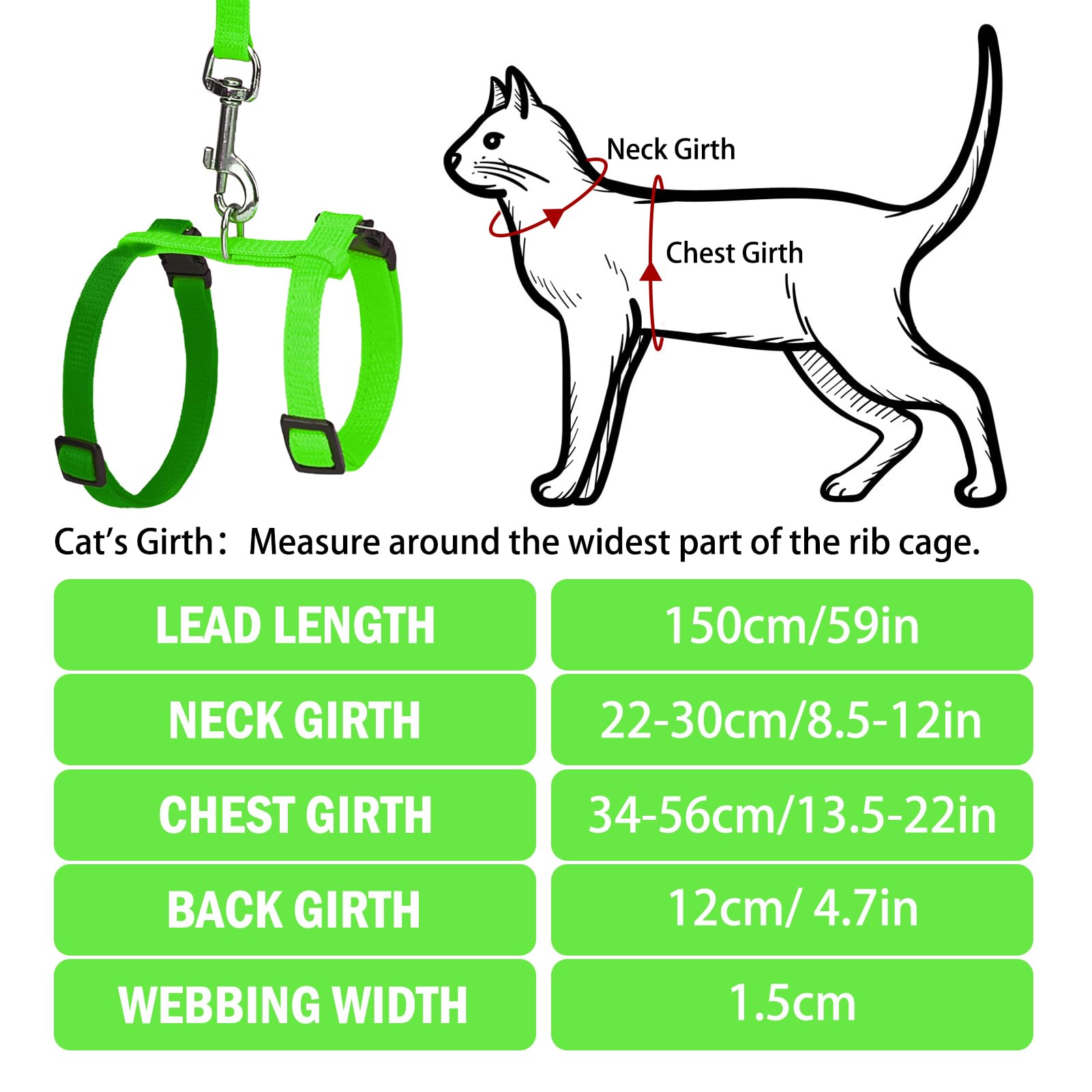 Pupteck Adjustable Cat Harness And Leash Set Escape Proof Kitten Strap Collar For Walking Travel, Green, M