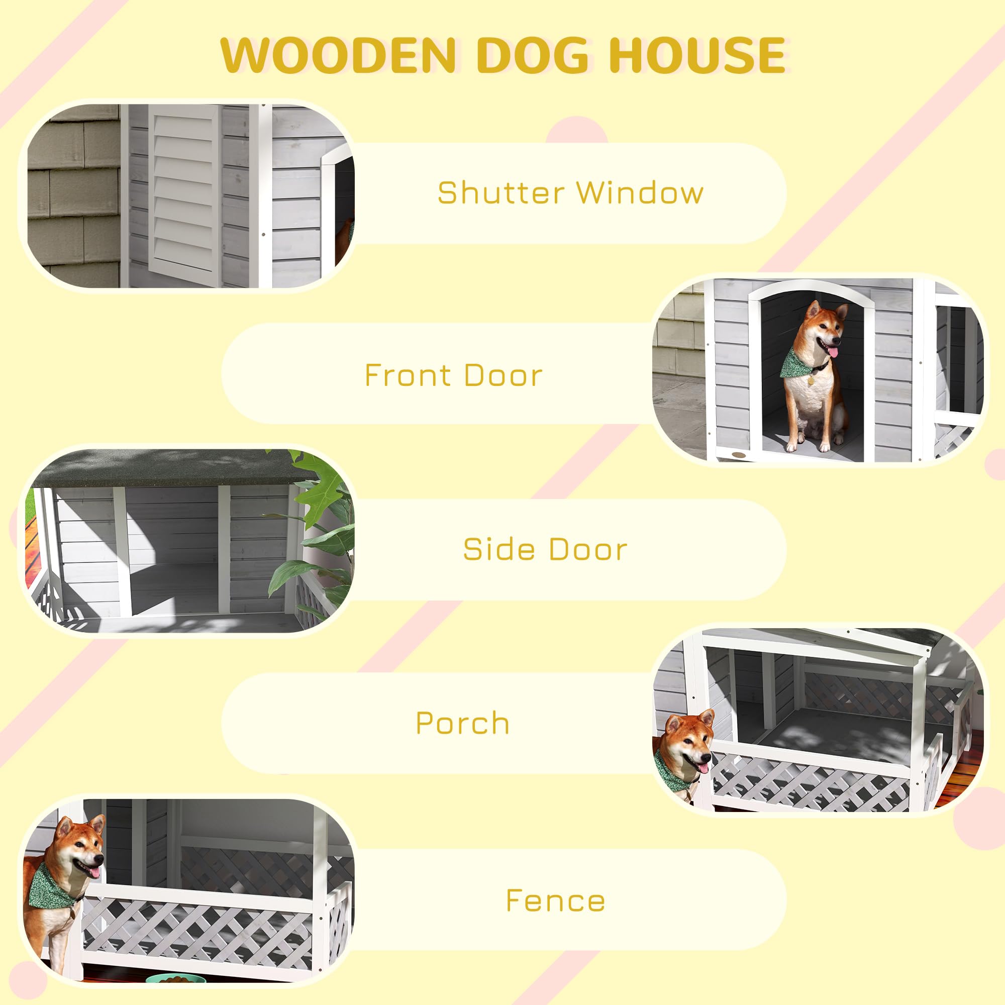 Pawhut Wooden Dog House Outdoor With Porch, Cabin Style Raised Dog Shelter With Asphalt Roof, Doors, And Shutter Window, For Med