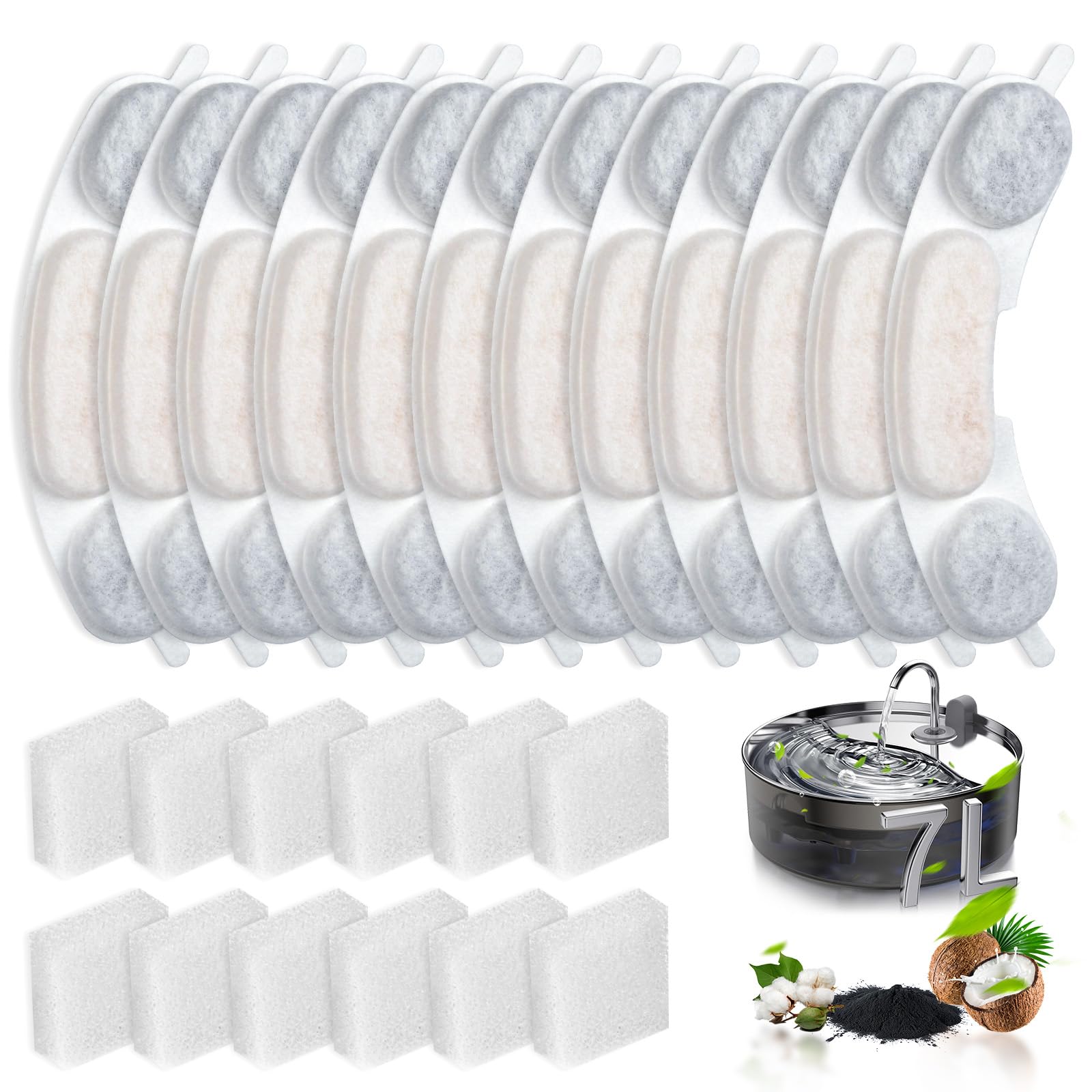 12 Pack Replacement Filters and Sponge for smartoo 7L / 236oz / 1.8Gal Stainless Steel Dog Water Fountain, 12 Filters + 12 Spong