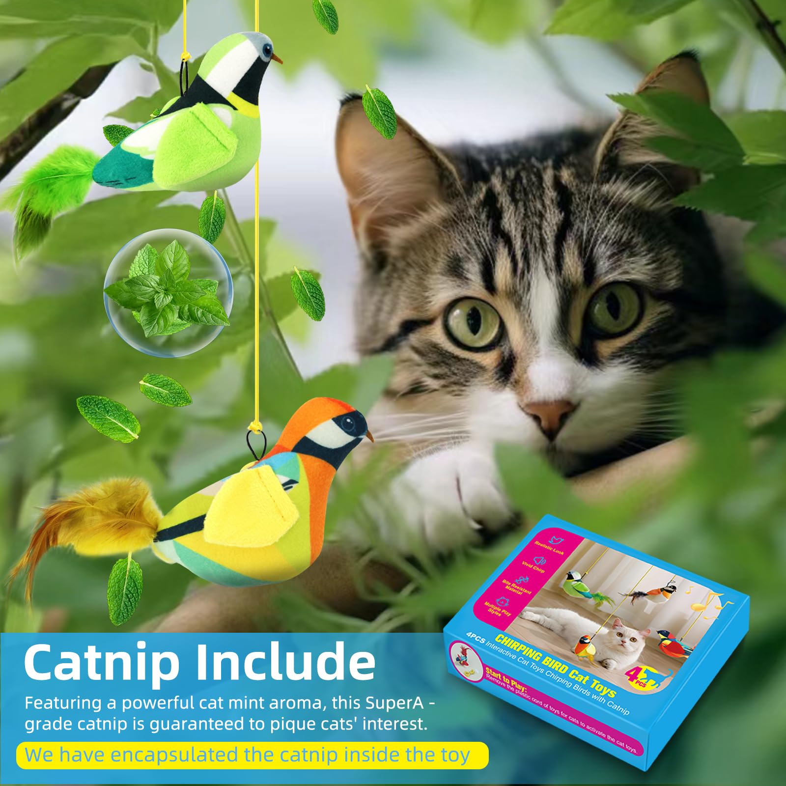 4Pcs Interactive Hanging Bird Cat Toys Set - With Catnip, Realistic Chirping, Lifelike Birdie Tweets, Durable & Safe, Indoor Kit