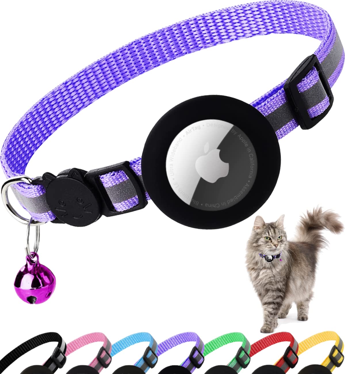 Airtag Cat Collar Breakaway, Reflective Kitten Collar With Apple Air Tag Holder And Bell For Girl Boy Cats, 0.4 Inches In Width And Lightweight(Purple)