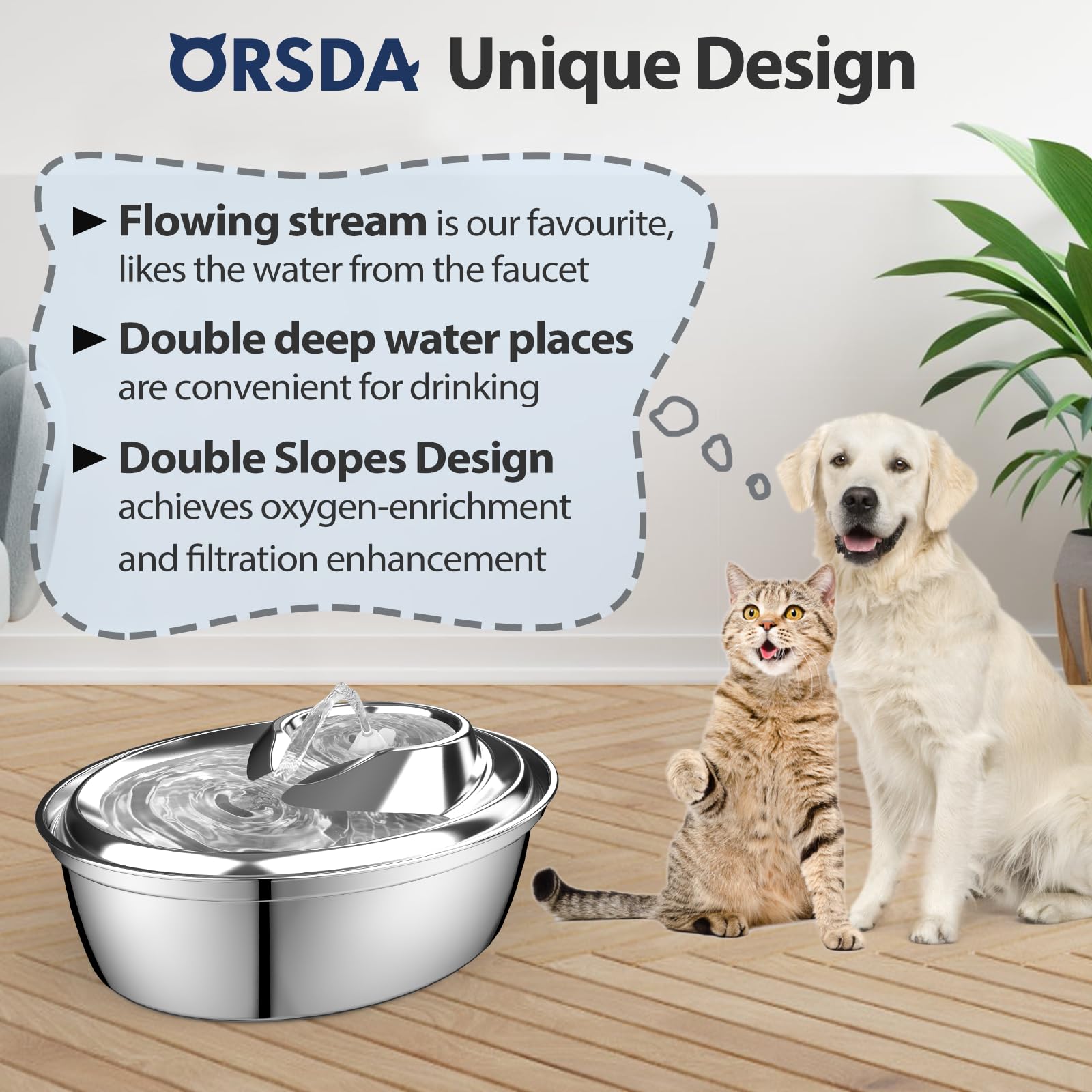 Orsda Cat Water Fountain Stainless Steel, 2L/67Oz Pet Fountain For Cats Inside, Automatic Dog Drinking Dispenser Cat Feeding & W