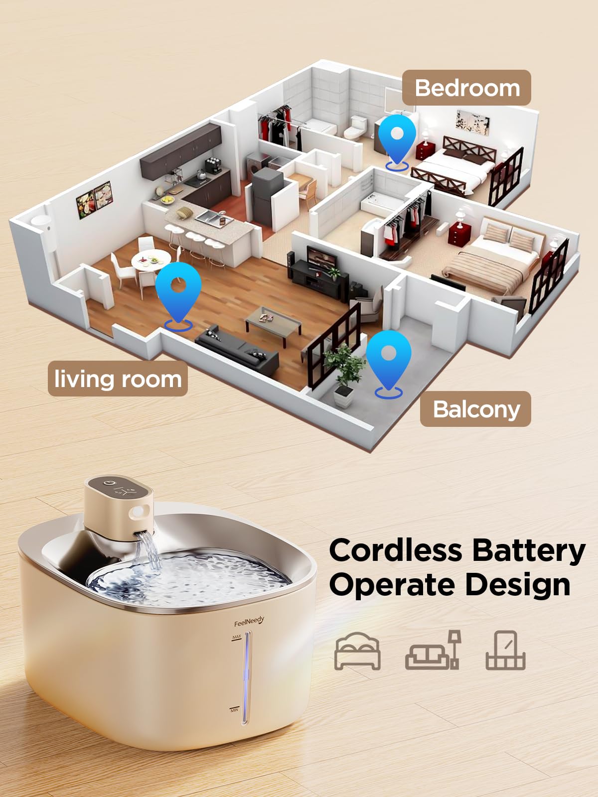 Feelneedy Cat Water Fountain Battery Operated, 4L/135 Fl Oz Pet Water Fountain For Cats And Dog With Motion Sensor, Ultra Quiet