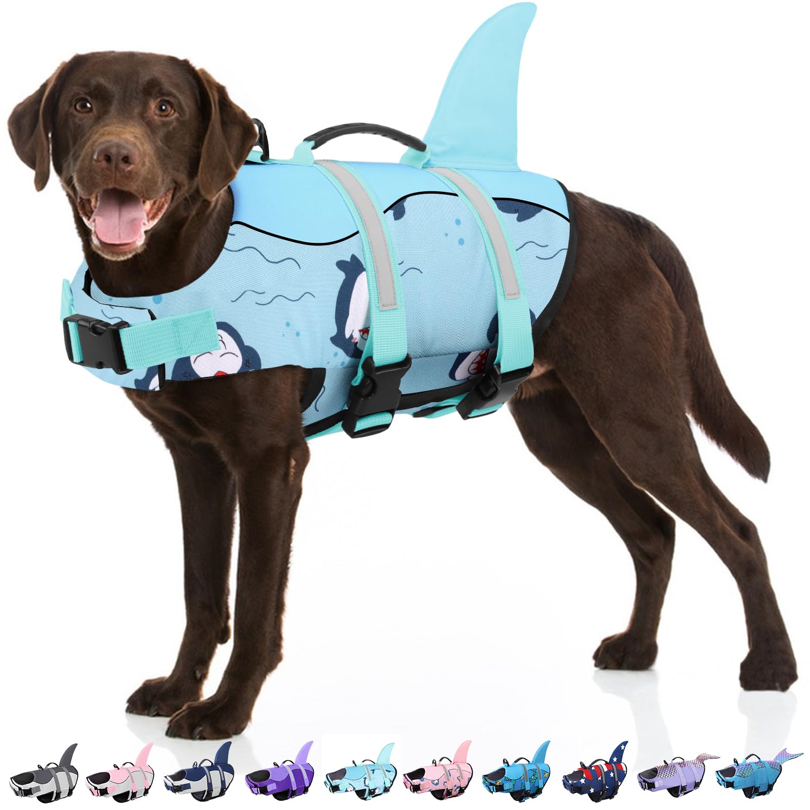 Dog Life Jacket, Large Dog Life Vest For Swimming Boating, Shark Life Jackets For Small Medium Large Dogs, Reflective Dog Lifesaver Life Preserver Swimsuit With Rescue Handle And High Buoyancy