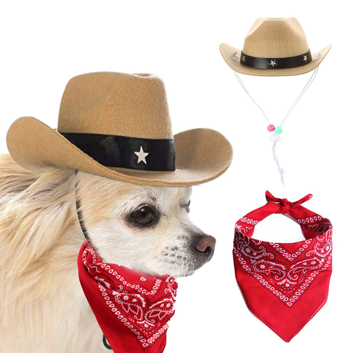 Awocan Dog Cowboy Hat And Bandana Scarf Dog Cat Sombrero Puppy Hat Dog Cat Costume Cosplay Cap Puppy Pet Dog Cat Holiday Pet Party Decoration (Khaki)