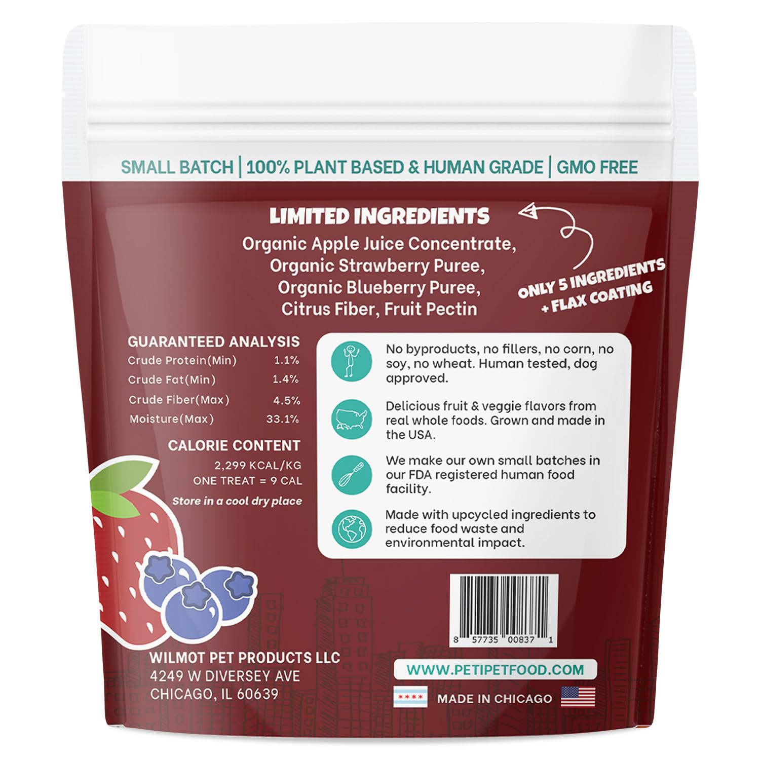 PETIPET Wildberry Plant-Based Fruit Dog Treats - Strawberry, Apple, Blueberry Soft & Chewy - Vegetarian, Vegan Dog Treats with O
