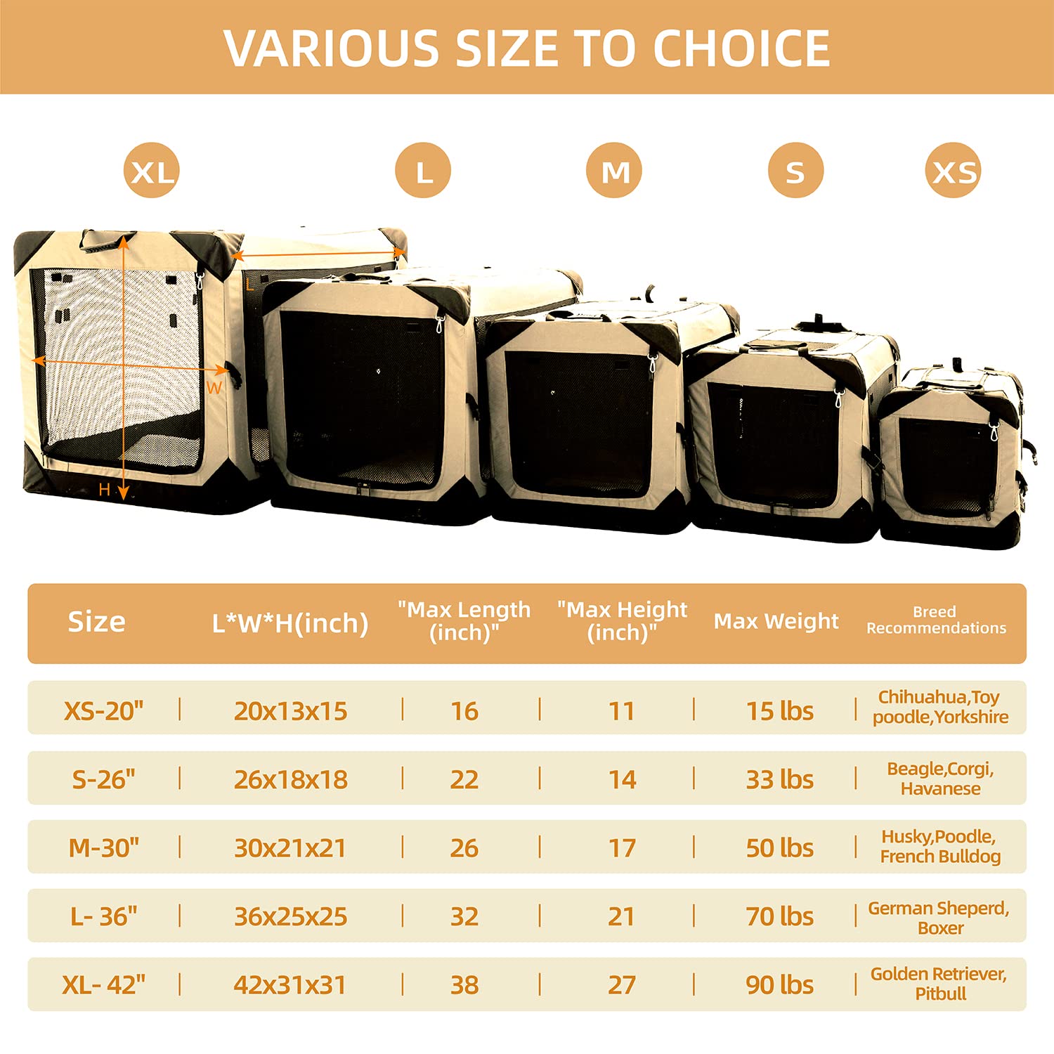 Pettycare 42 Inch Collapsible Dog Crate For Large Dogs, 4-Door Foldable Soft Dog Kennel With Chew Proof Mesh Windows, Indoor & Outdoor Travel Dog Crate, Soft Side Dog Crate,Beige