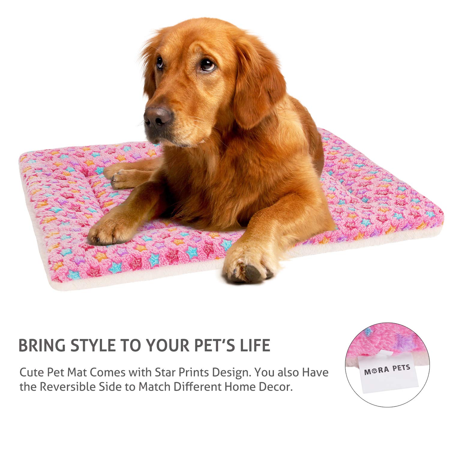 Mora Pets Dog Bed Crate Pad Ultra Soft Pet Bed With Cute Star Print Washable Crate Mat For Large Medium Small Dogs Reversible Fleece Dog Crate Kennel Mat Cat Bed Liner 35 X 22.8 Inch Pink
