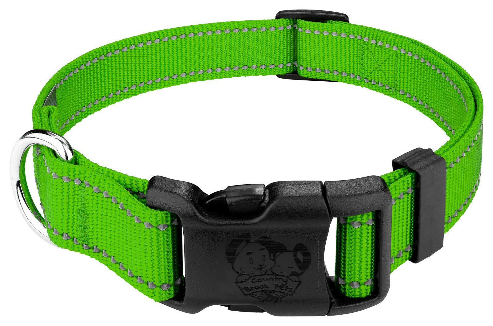 Country Brook Petz - 1 Inch Deluxe Hot Lime Green Reflective Nylon Dog Collar - Medium
