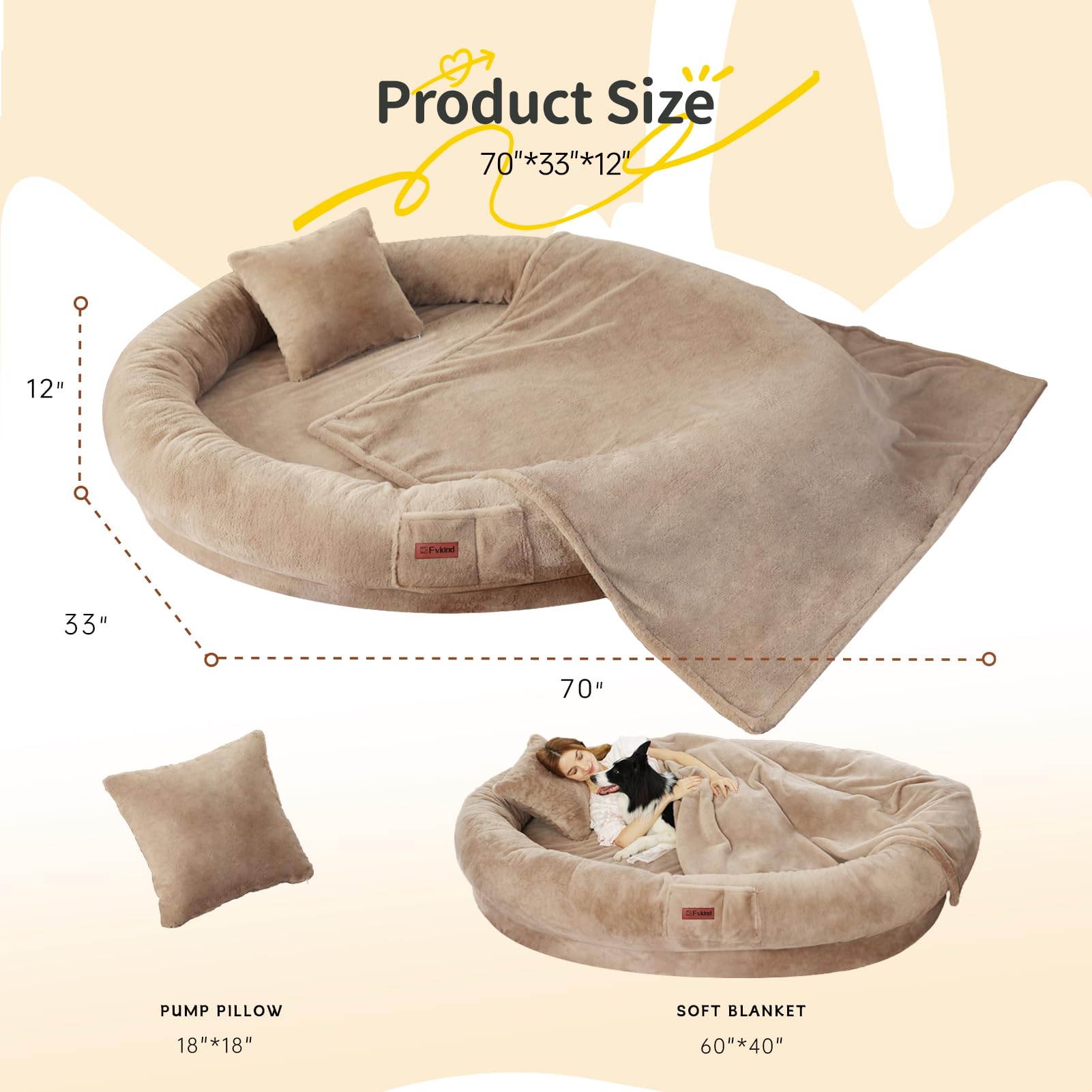 Fvkind Human Dog Bed - 70''X33''X12'' Washable Faux Fur Orthopedic Bed For Adults & Kids, Includes Soft Blanket & Pillow - Khaki
