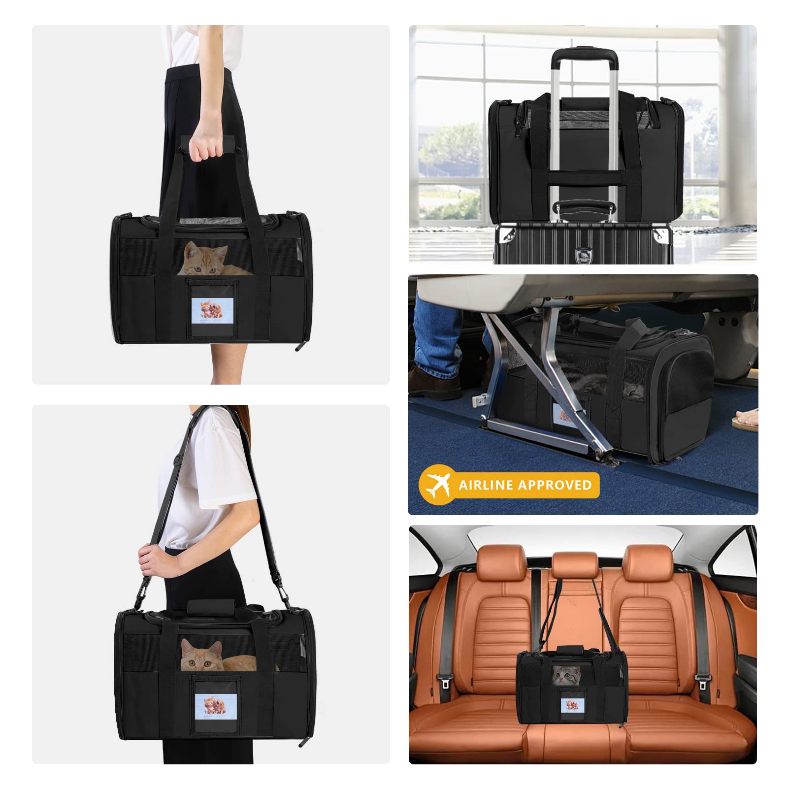 Seclato Pet Carrier - Airline Approved For Small Dogs, Kittens, Cats Under 15Lb - Collapsible Soft Sided Tsa Cat Travel Carrier - Black