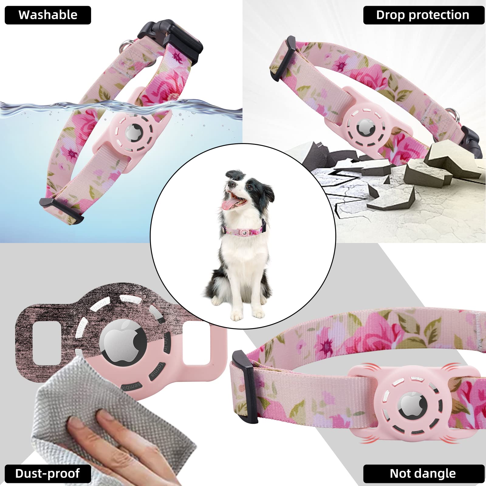 Konity Airtag Dog Collar, Compatible With Apple Airtag, Polyester Pet Cat Puppy Collar With Silicone Airtag Holder For Small, Medium, Large, & Extra Large Dogs, Pink Rose, S: 9.8''-15.7'' Neck