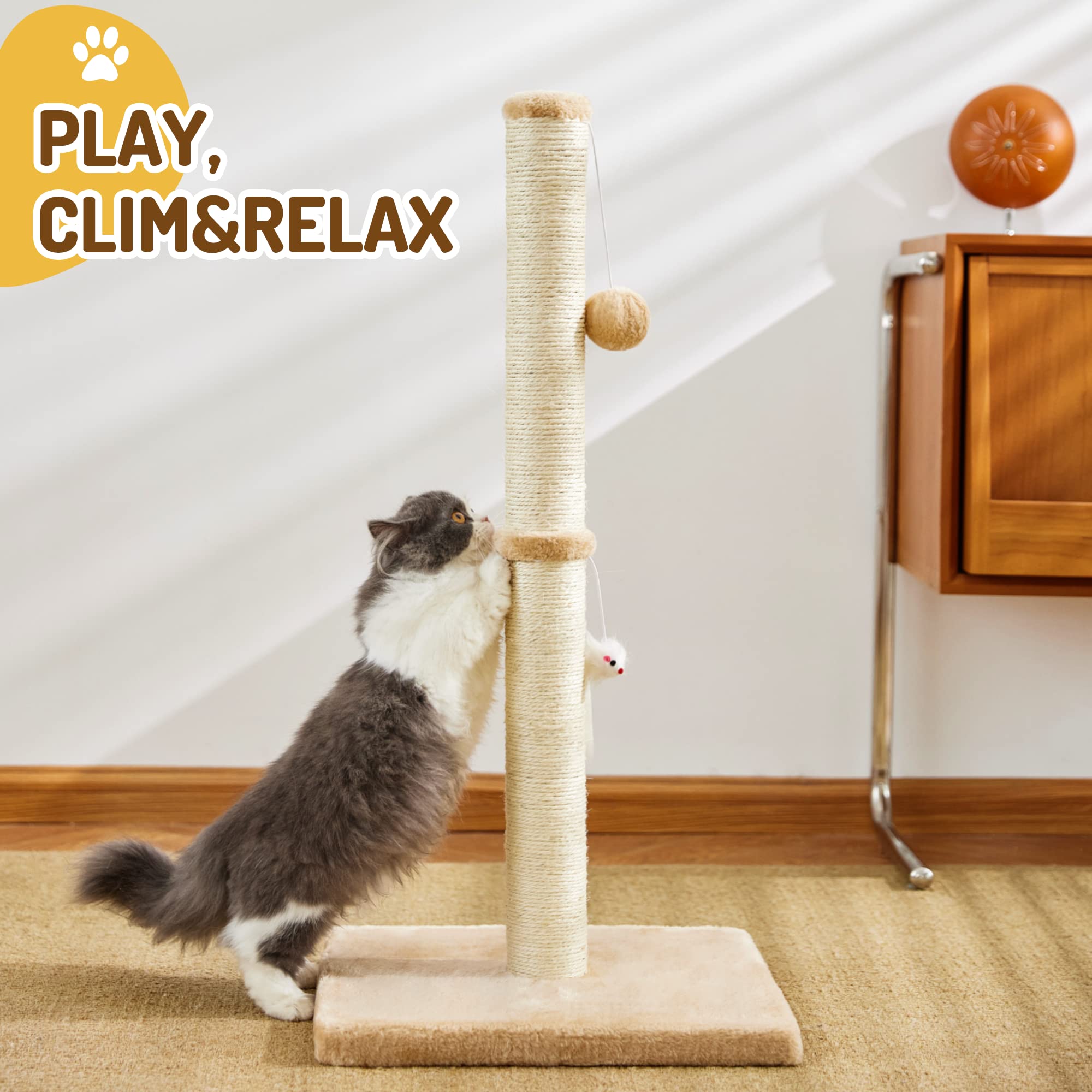 Meowhomm 32” Tall Cat Scratching Posts For Indoor Cats Adults With 2 Hanging Ball, Large Cat Scratch Post Cat Scratcher Includes Sisal Rope(Yellow)