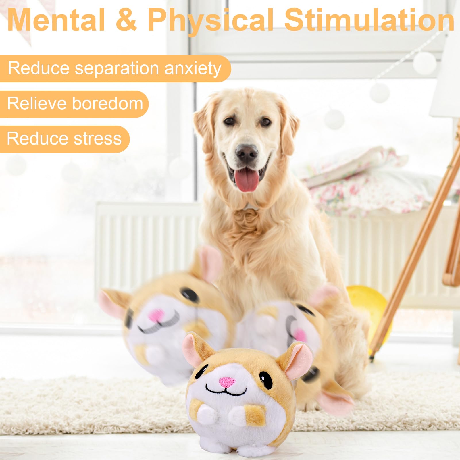 Mity rain Interactive Dog Ball - Automatic Rolling, Jumping, Vibrating, Squeaky Toy for Small/Medium/Large Dogs - Hamster Color, Model Mity rain-687-2