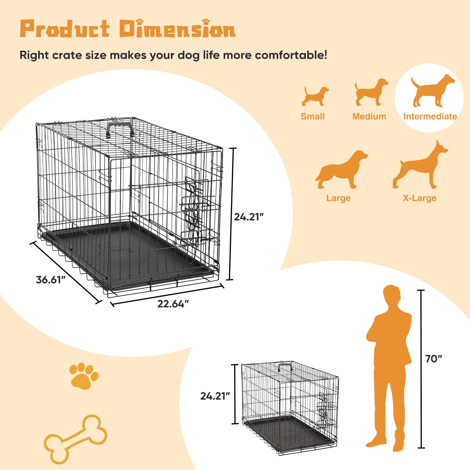 Dumos Dog Crate, 36 Inch Medium Double Door Dog Cage With Divider Panel And Plastic Leak-Proof Pan Tray, Folding Metal Wire Pet