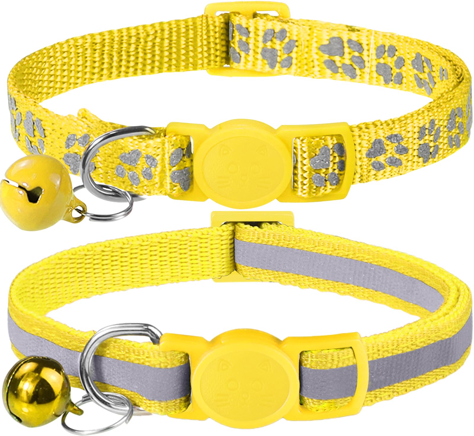 Taglory Reflective Cat Collar Breakaway With Bells, 2 Pack Girl Boy Pet Cat Collar Adjustable 7.5-12.5 Inch, Yellow