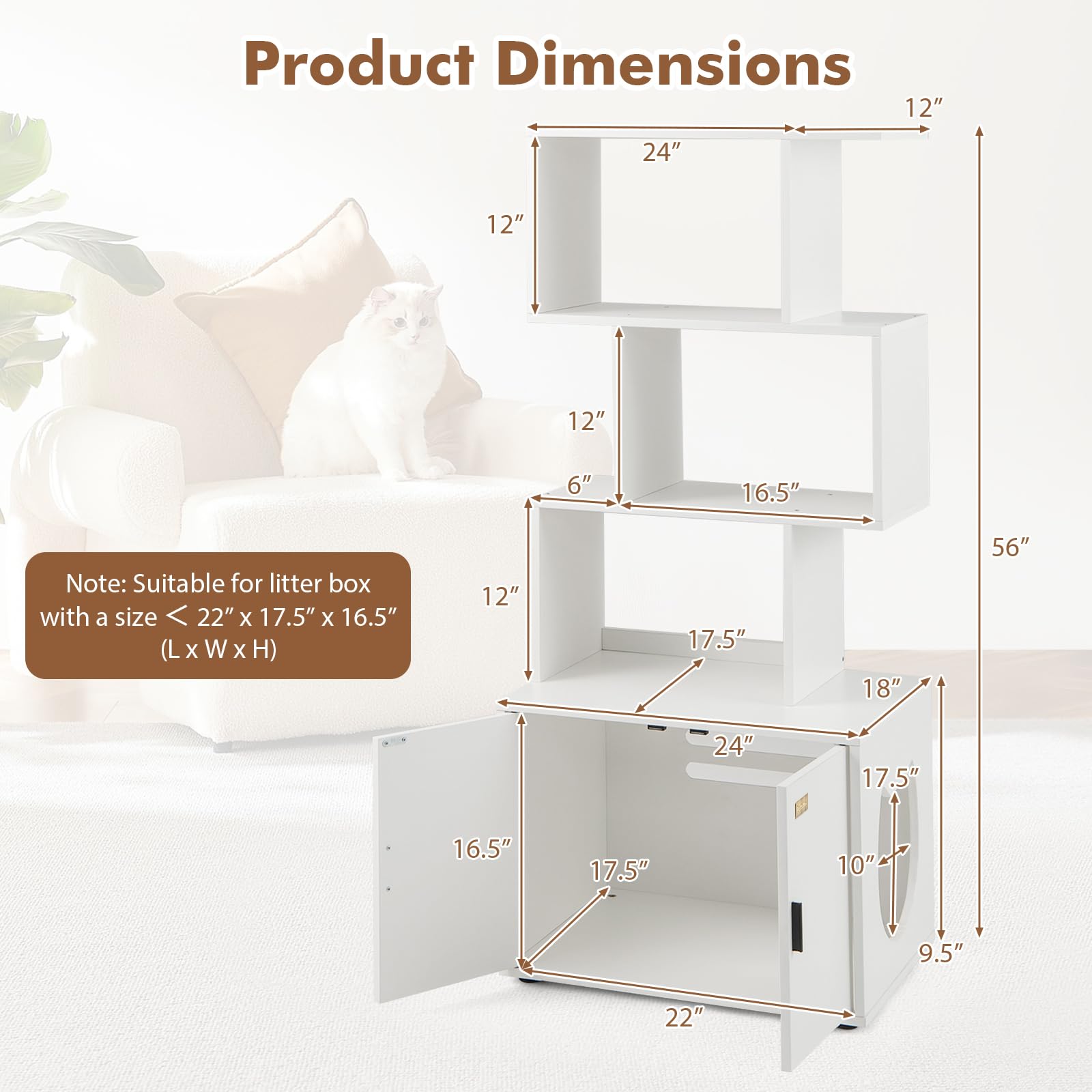 Petsite Cat Litter Box Furniture With 3 Shelves And Doors, 56 Inch Tall Cat Box Enclosure With Display Shelves And Side Entry, I