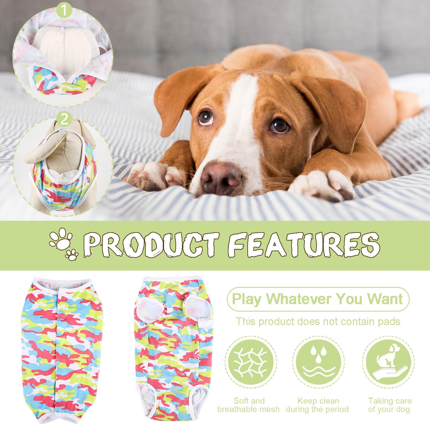 Etdane Dog Diapers Sanitary Panties Physiological Period Shirts Surgical Recovery Suits For Male And Female Dogs Camo/Xs