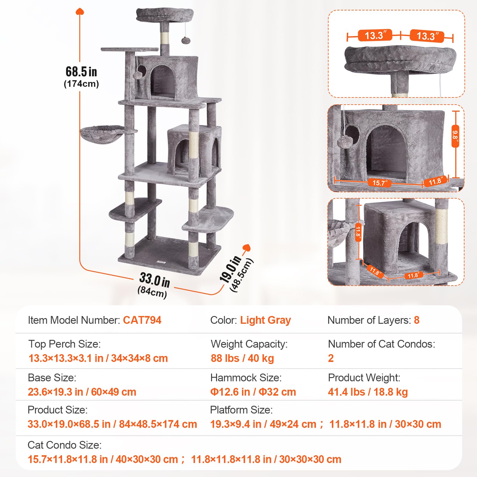 VEVOR Cat Tree 68.5 Cat Tower with Cat Condos Sisal Scratching Post Light Grey