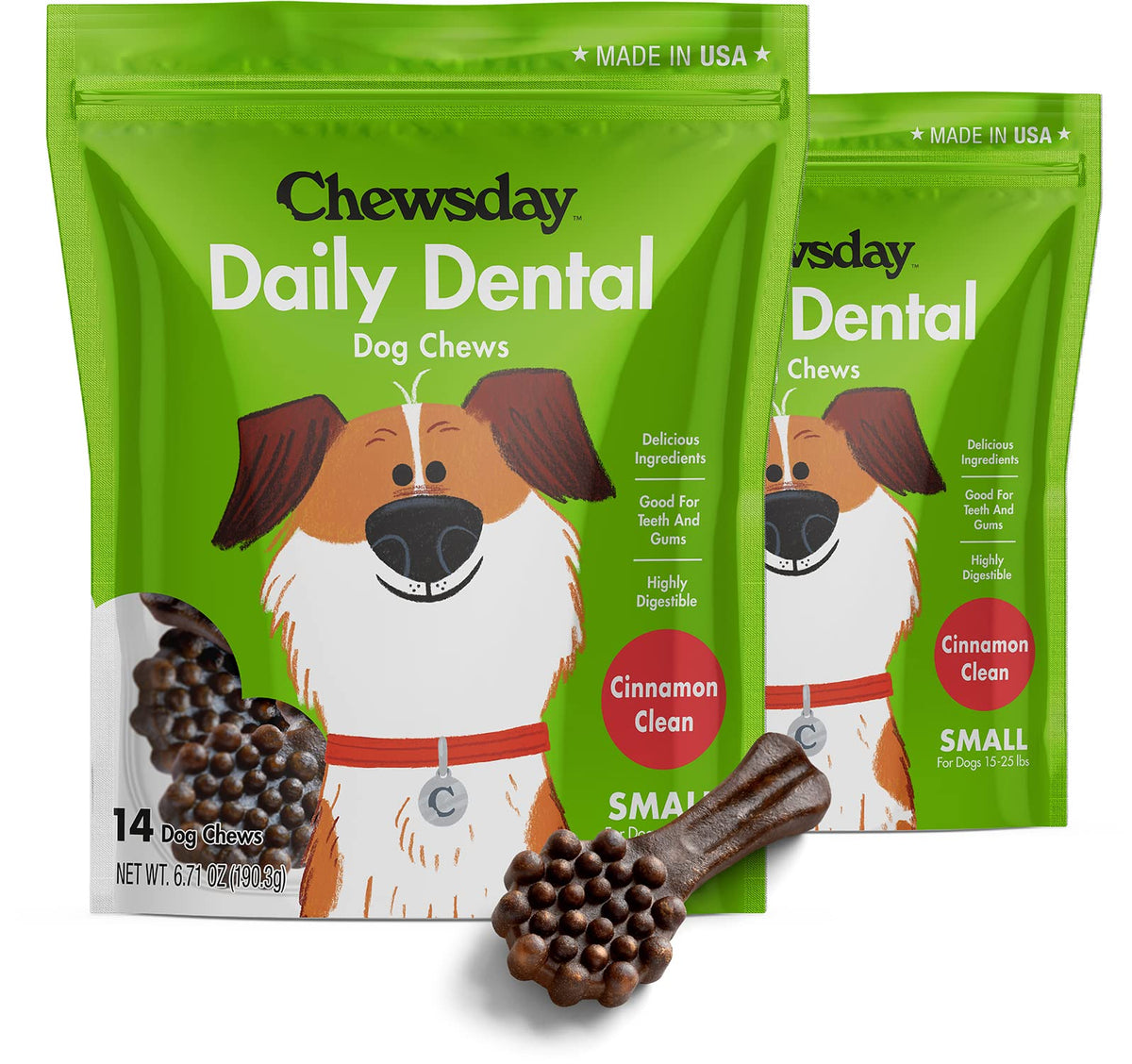 Chewsday Small Cinnamon Clean Daily Dental Dog Chews, Made In The Usa, Natural Highly-Digestible Oral Health Treats For Healthy Gums And Teeth - 28 Count