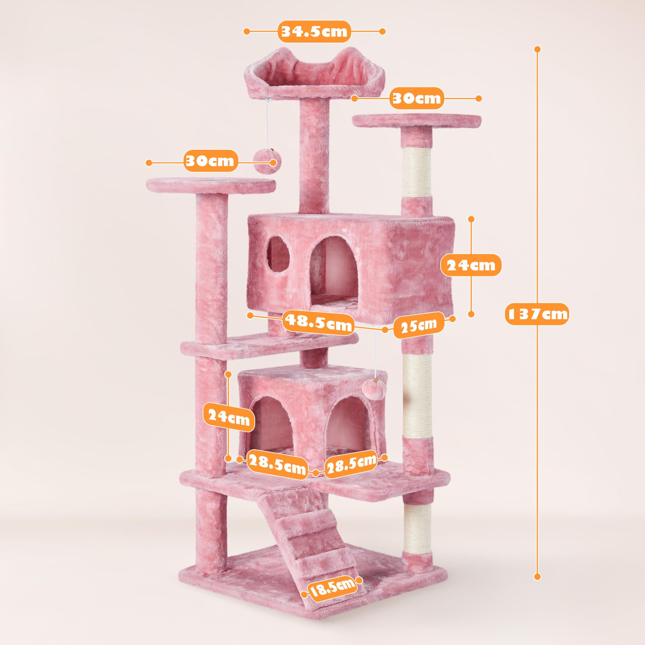 Yaheetech 54In Cat Tree Tower, Multi-Level Cat Tree For Indoor Cats With Scratching Posts, Dangling Balls Cat Play House, Pink