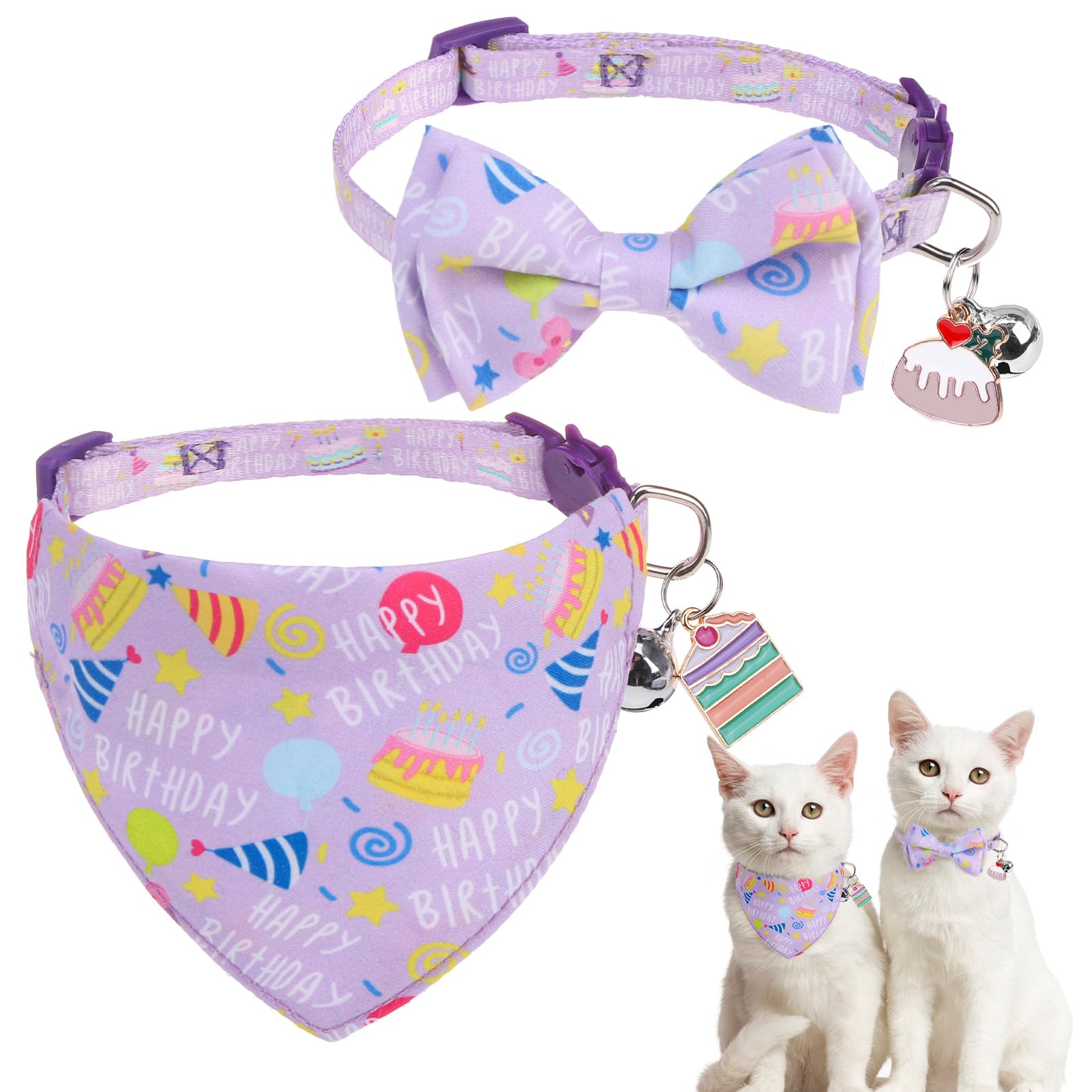 Scenereal Cat Bandana Collar For Birthday - 2 Pack Breakaway Kitten Collars With Bell Bowtie, Accessories For Pet, Adjustable Cu