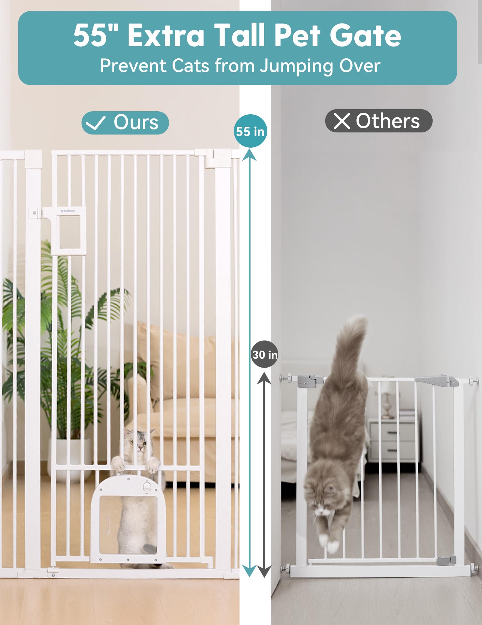 No Pawblems 55 Extra Tall Pet Gate with Adjustable Cat Door, 29-43 Auto Close Tall Dog Gate, NO Drilling Pressure Mounted for Do