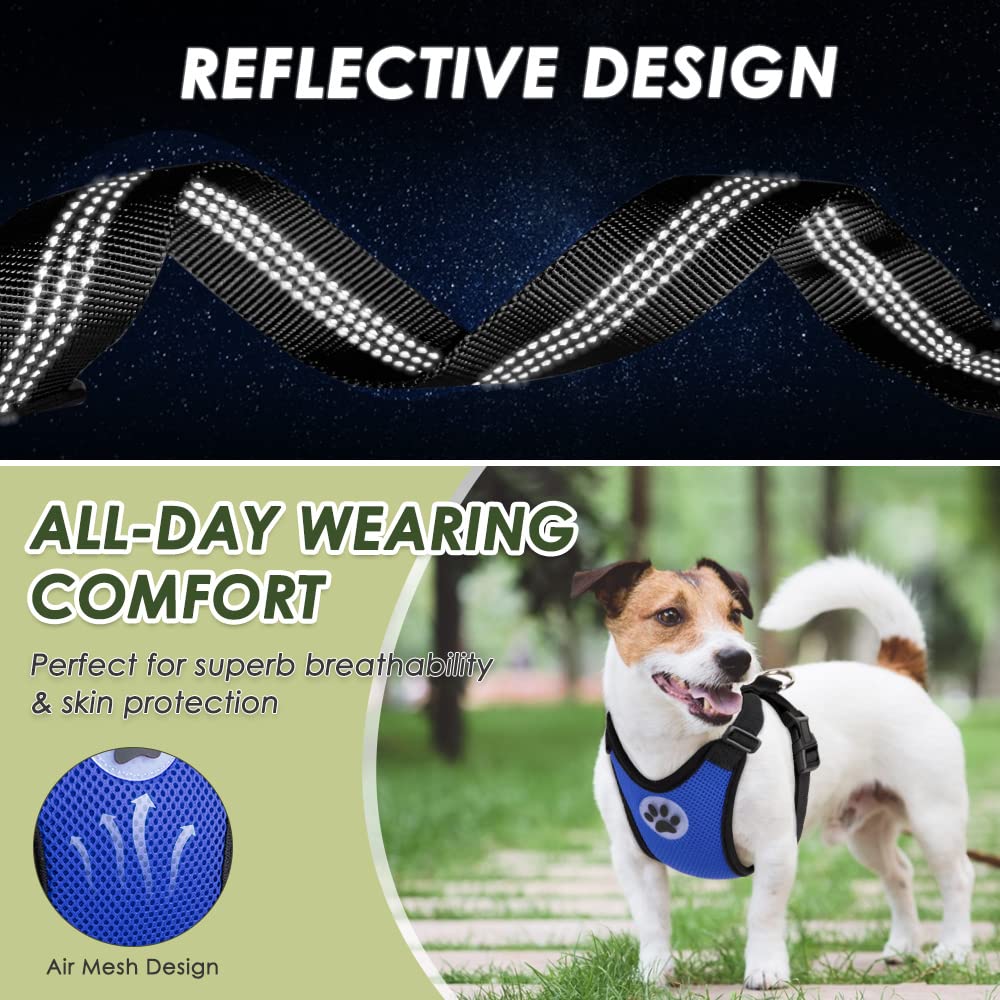 Slowton Dog Seat Belt Harness For Car, Dog Seatbelt Adjustable Bungee With Safety Belt Clip Carabiner & Dog Vest Harness Padded Mesh Breathable For Small Medium Large Dogs Cats (Double Clip,Blue,S)