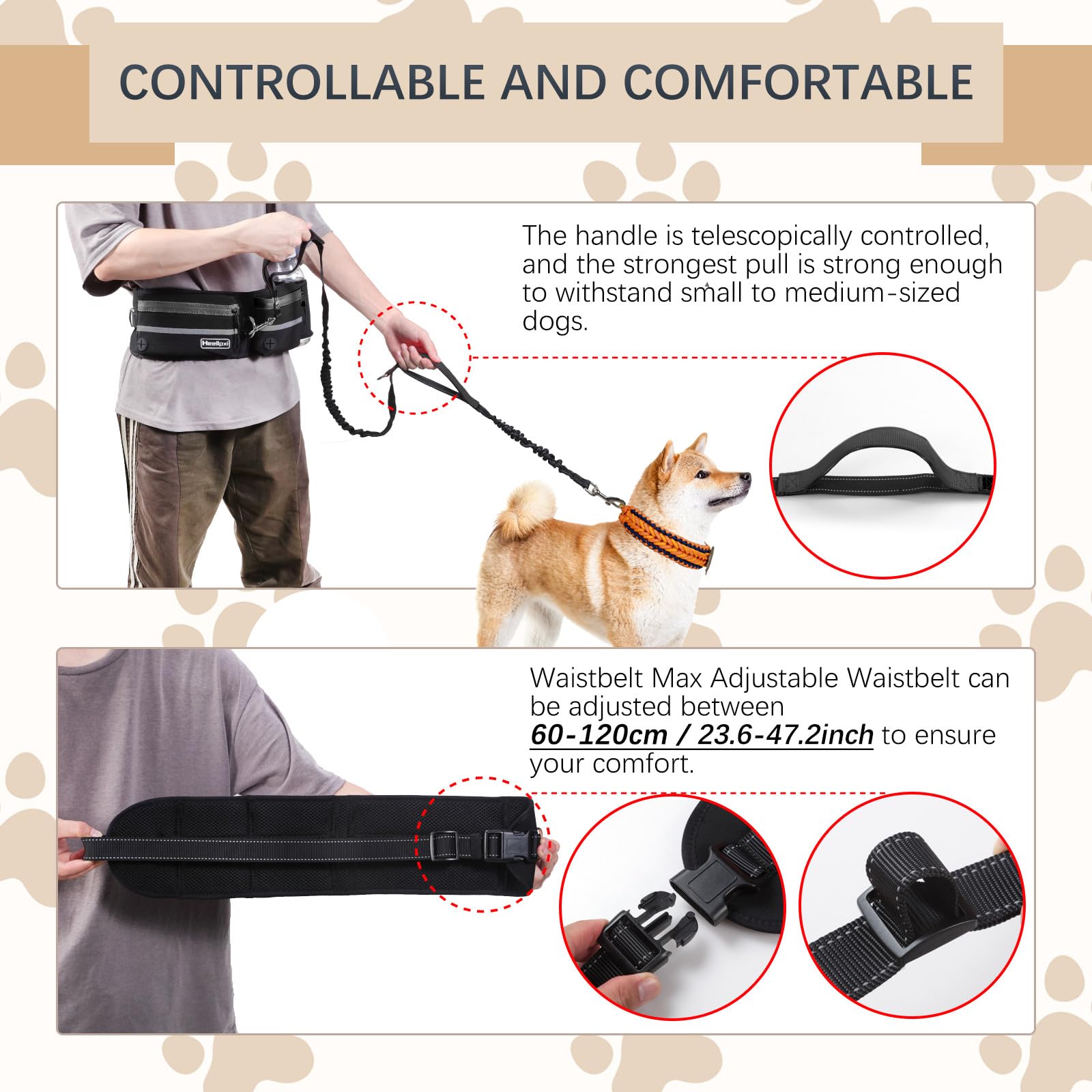 Hands-Free Waist Leash With Pouch For Two Dogs,Reflective Stitching, Dual Handle & Bungee Retractable Design - Ideal For Medium